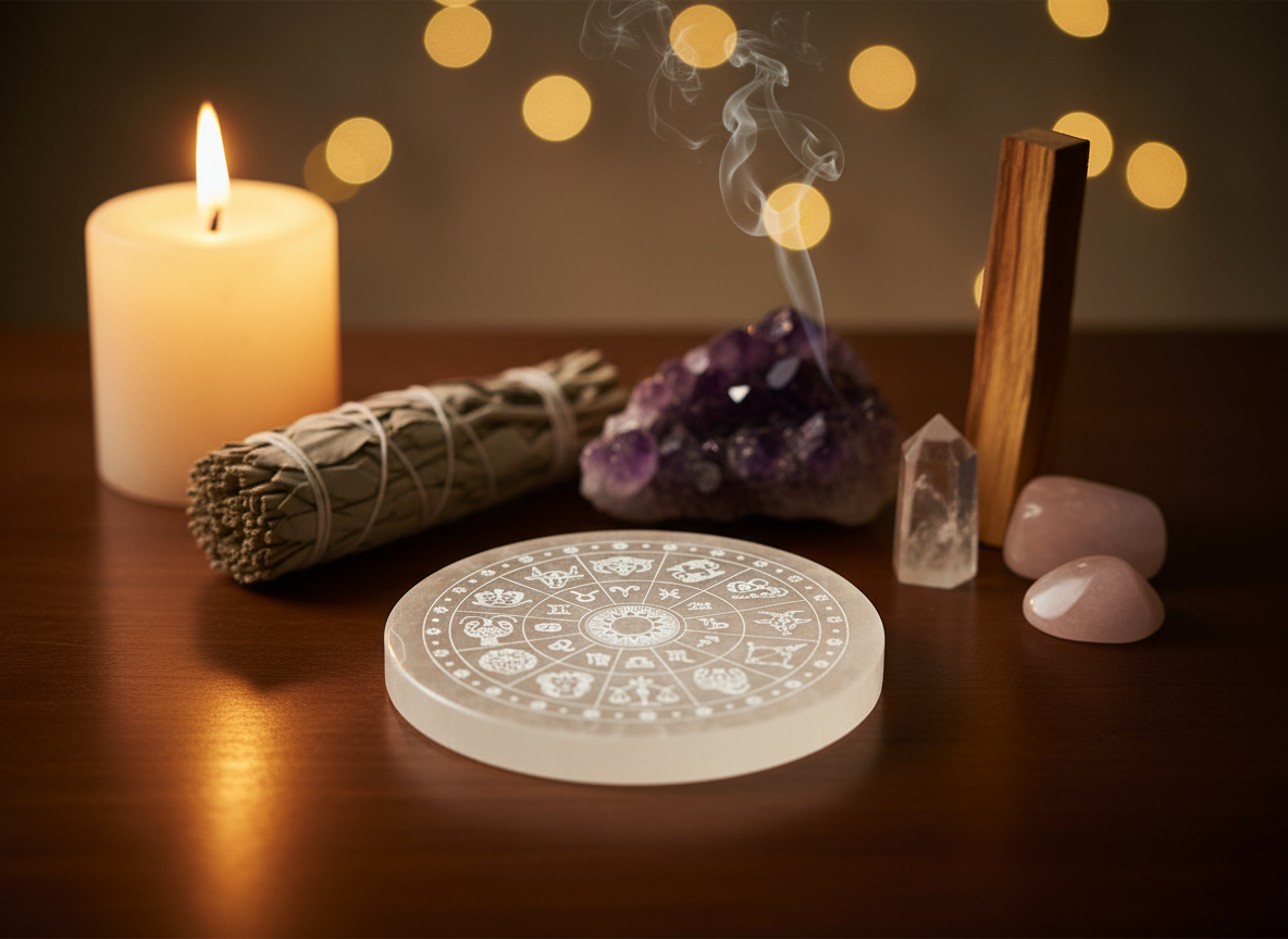 Decorative stone with mandala design, candle, smudge stick, crystals, and amethyst on a wooden surface.