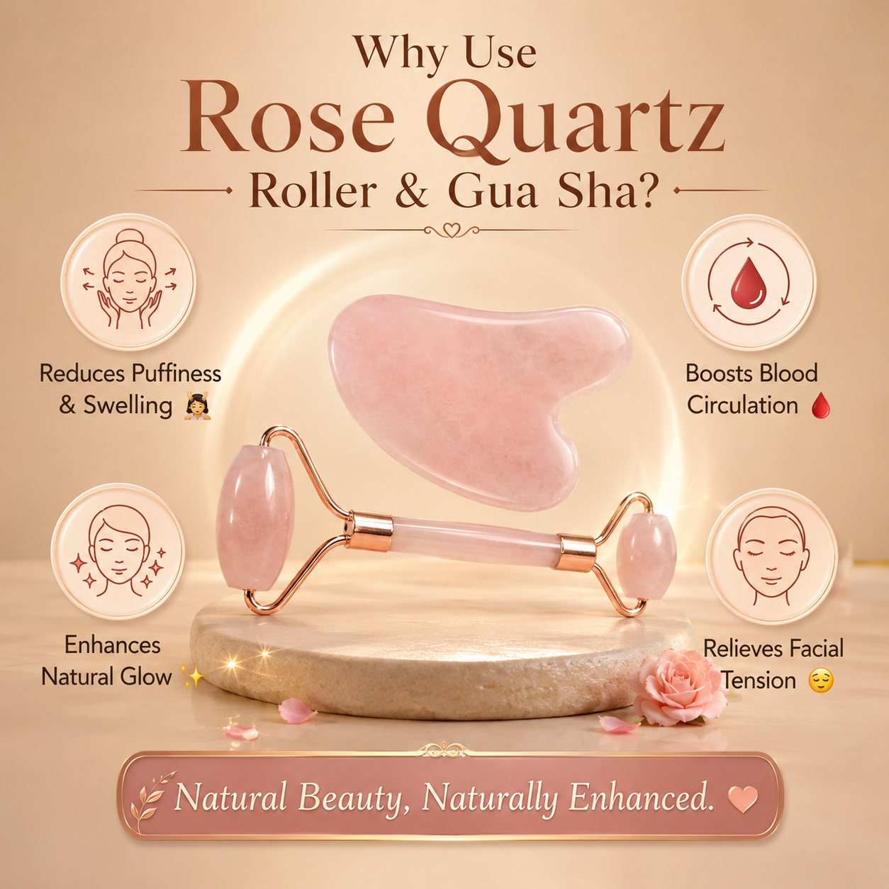 Rose Quartz Face Roller & Gua Sha Set – For Glowing Skin, Lymphatic Drainage & Crystal Healing