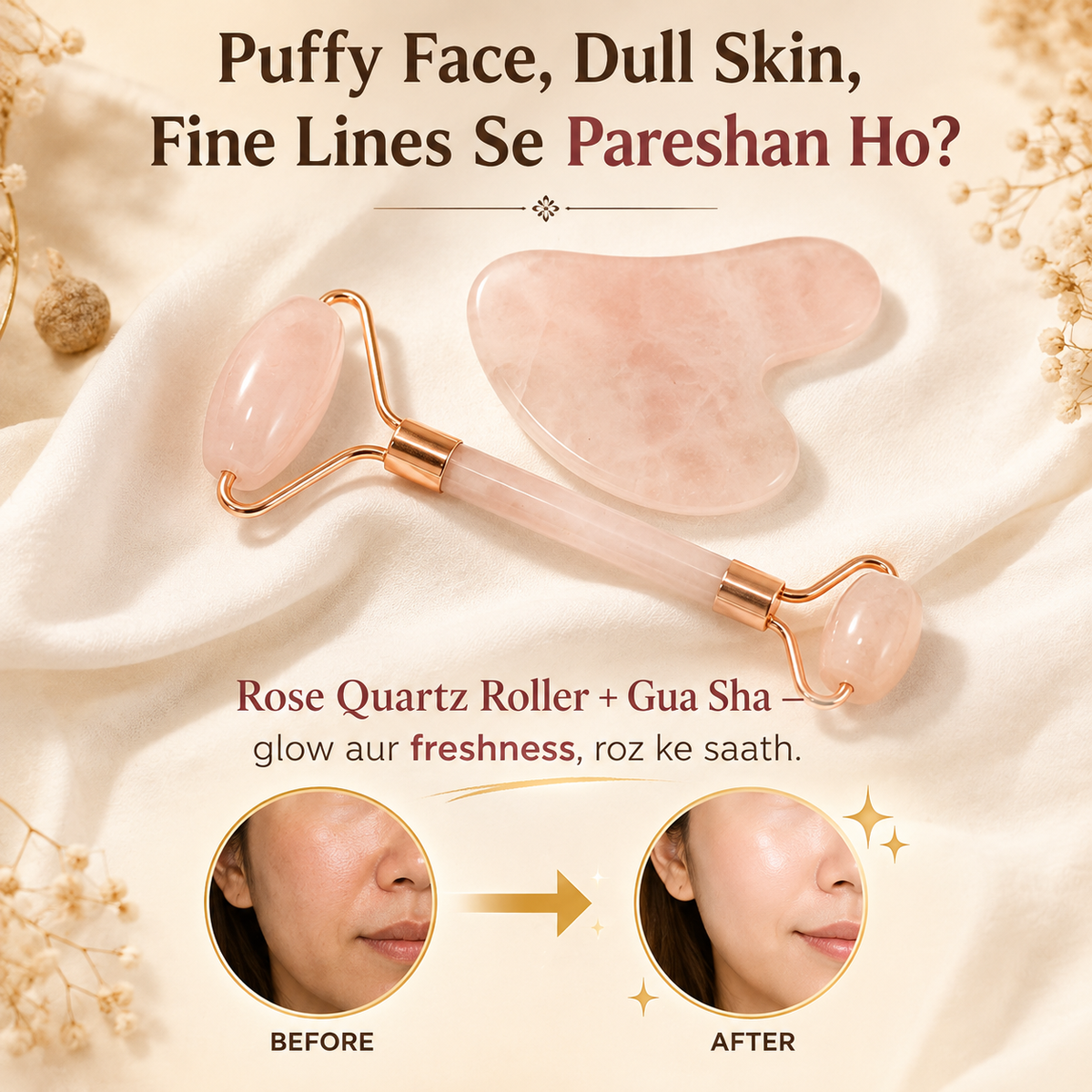 Rose Quartz Face Roller & Gua Sha Set – For Glowing Skin, Lymphatic Drainage & Crystal Healing