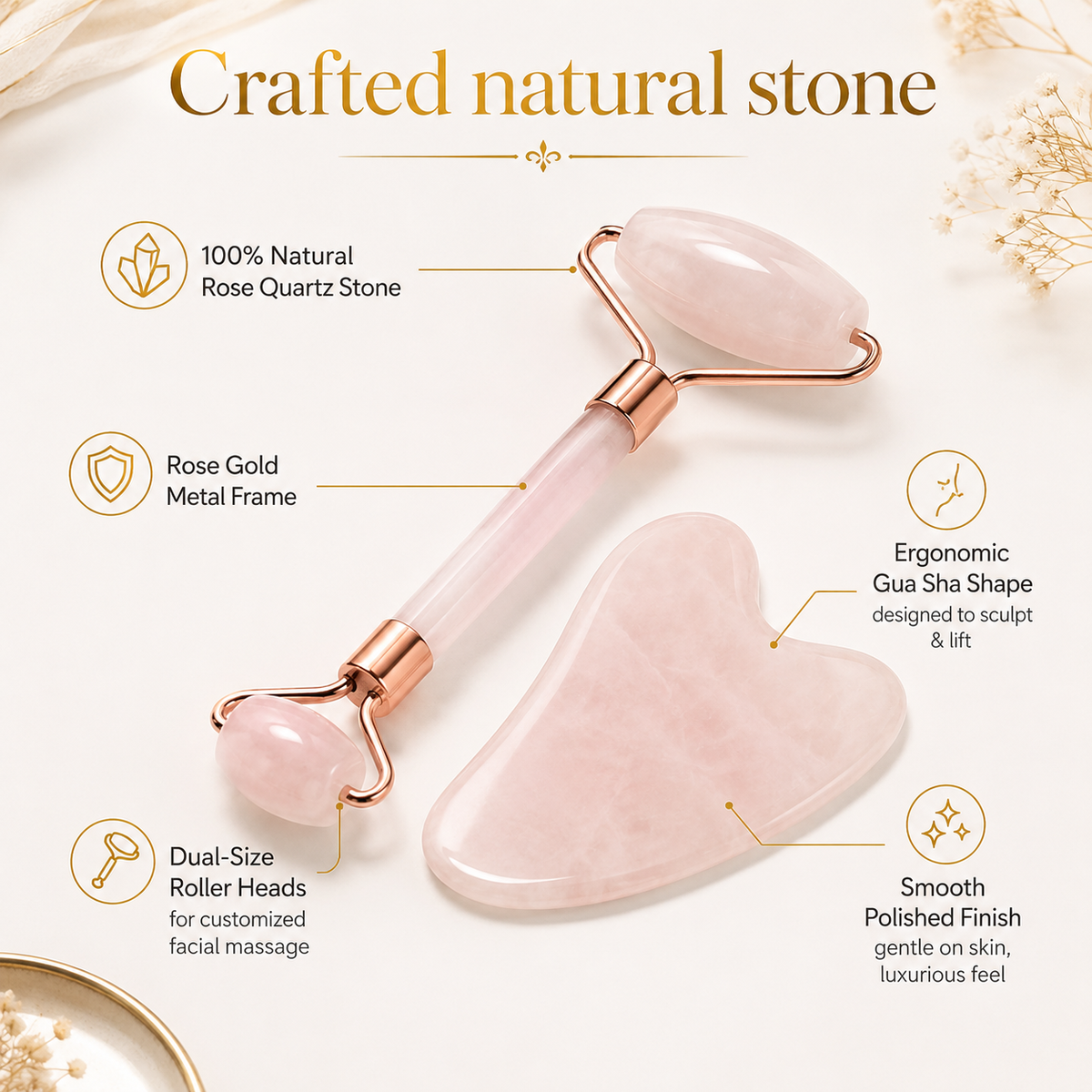 Rose Quartz Face Roller & Gua Sha Set – For Glowing Skin, Lymphatic Drainage & Crystal Healing