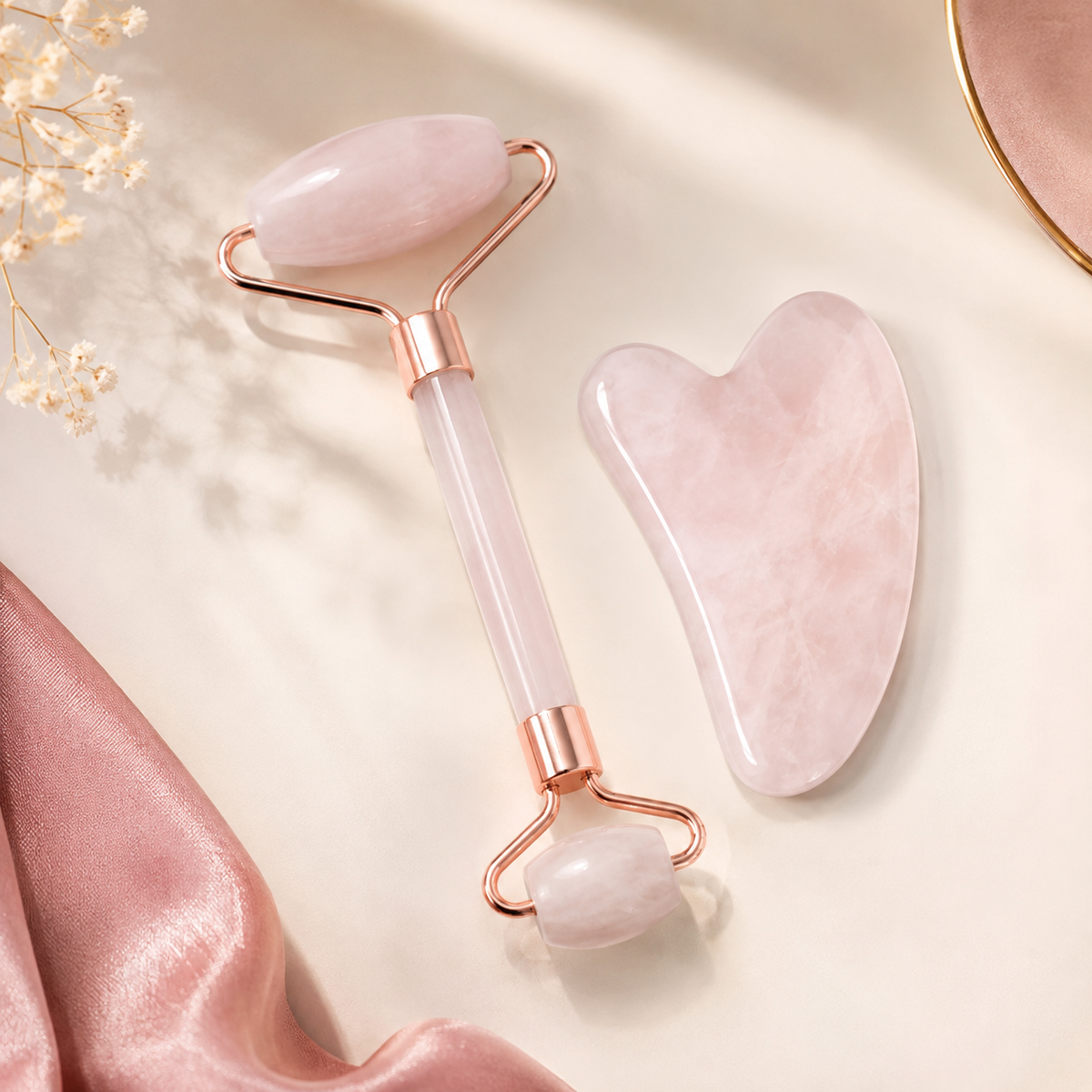 Rose Quartz Face Roller & Gua Sha Set – For Glowing Skin, Lymphatic Drainage & Crystal Healing
