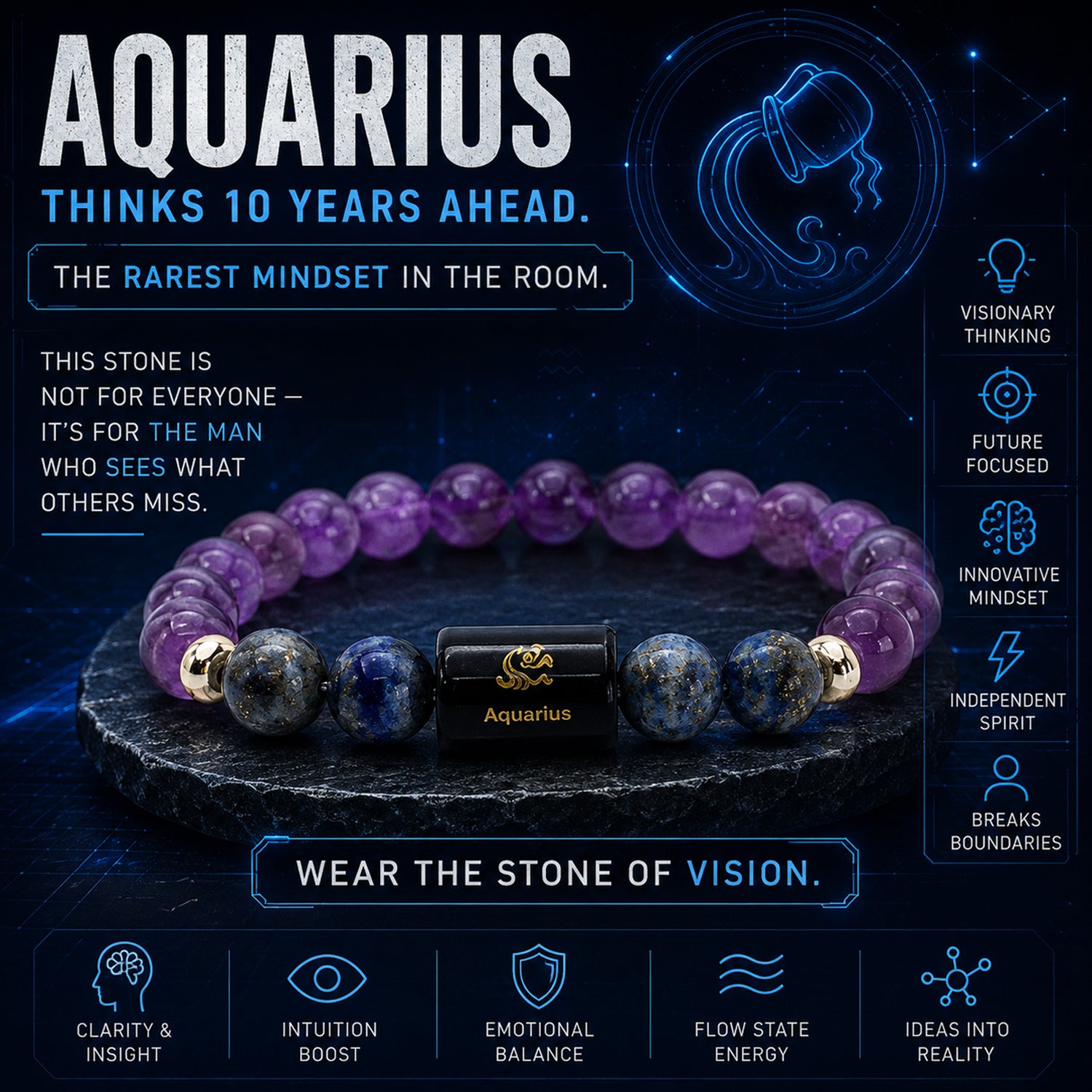 Purple beaded bracelet with Aquarius symbol on a dark background with text about the zodiac sign.