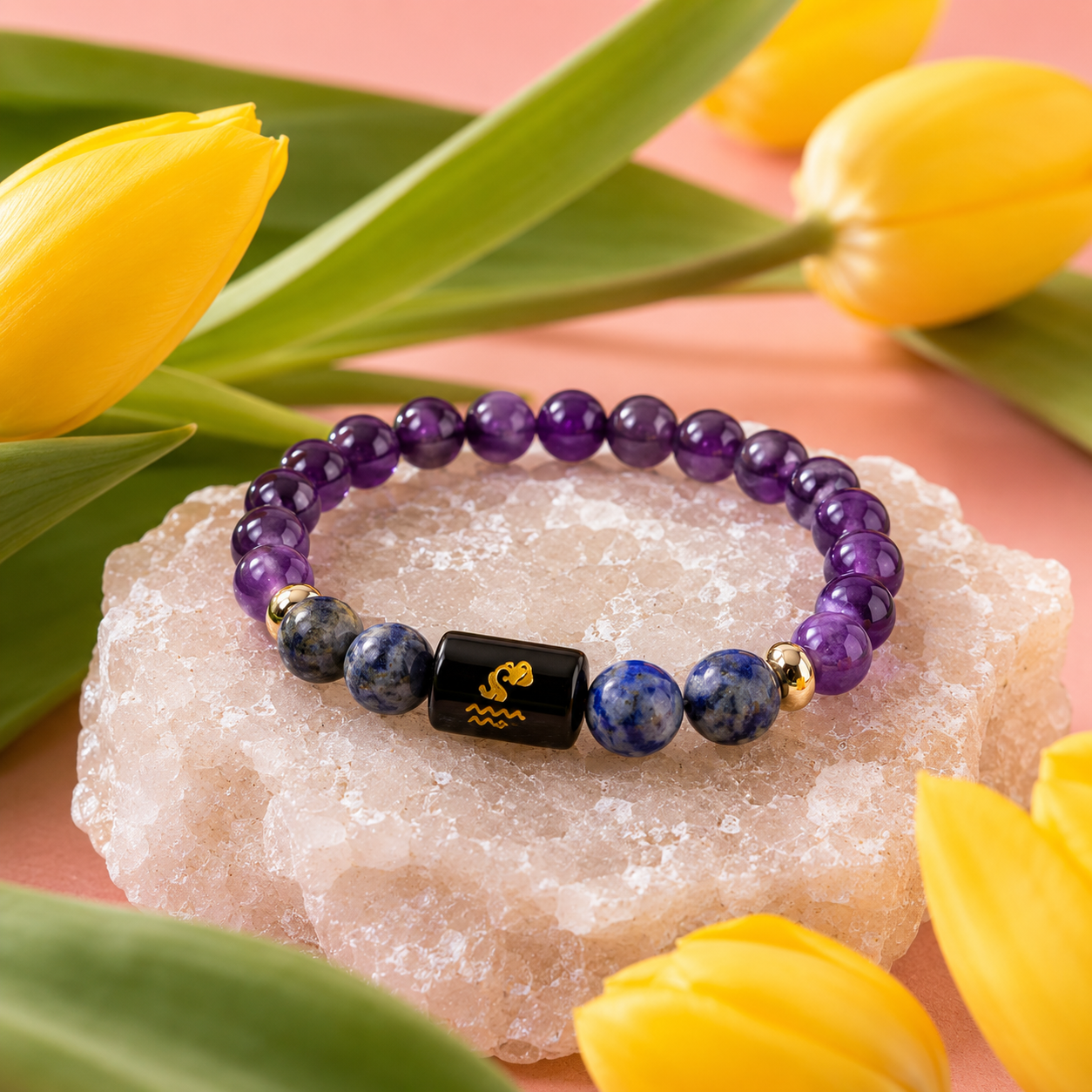 Purple beaded bracelet with Aquarius symbol on a dark background with text about the zodiac sign.