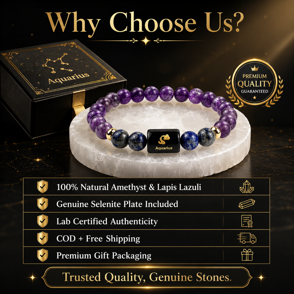 Aquarius (कुंभ राशि) Amethyst & Lapis Lazuli Crystal Zodiac Bracelet – For Higher Thinking, Truth & Calm Clarity