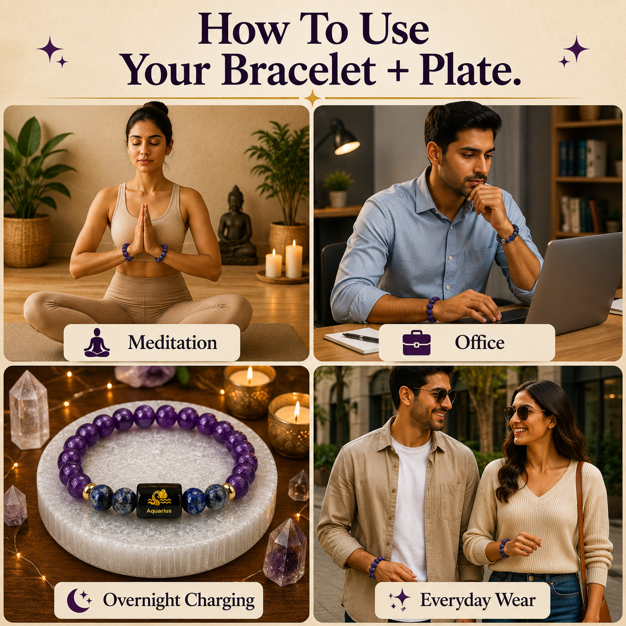 Aquarius (कुंभ राशि) Amethyst & Lapis Lazuli Crystal Zodiac Bracelet – For Higher Thinking, Truth & Calm Clarity