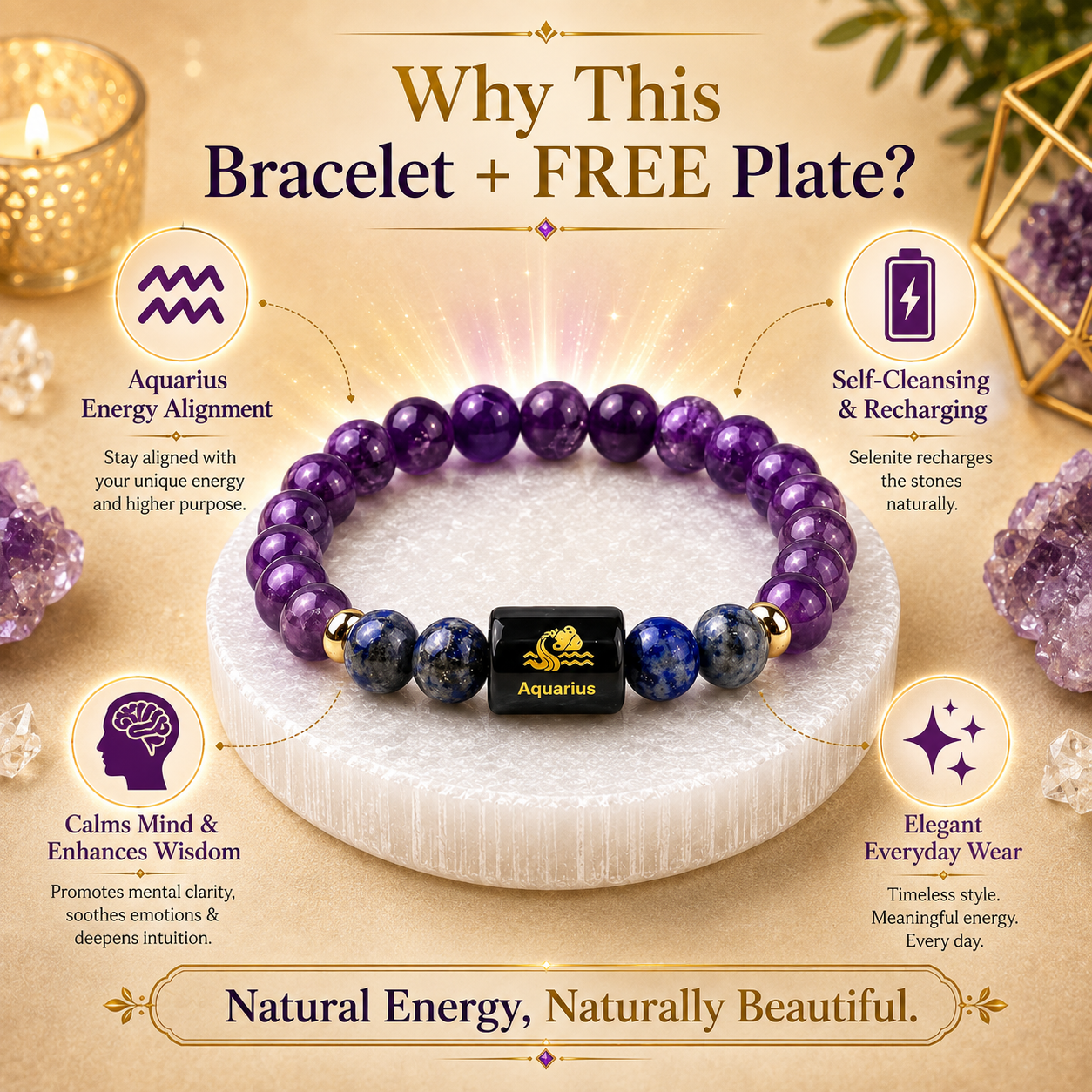 Aquarius (कुंभ राशि) Amethyst & Lapis Lazuli Crystal Zodiac Bracelet – For Higher Thinking, Truth & Calm Clarity