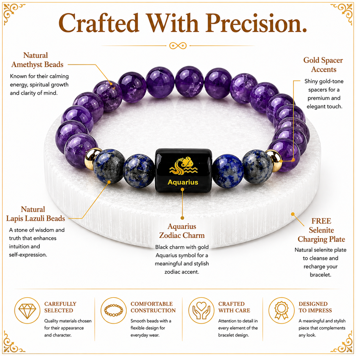 Aquarius (कुंभ राशि) Amethyst & Lapis Lazuli Crystal Zodiac Bracelet – For Higher Thinking, Truth & Calm Clarity