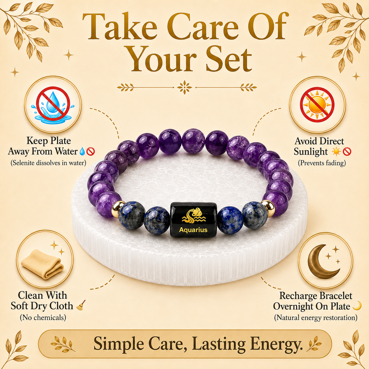 Aquarius (कुंभ राशि) Amethyst & Lapis Lazuli Crystal Zodiac Bracelet – For Higher Thinking, Truth & Calm Clarity