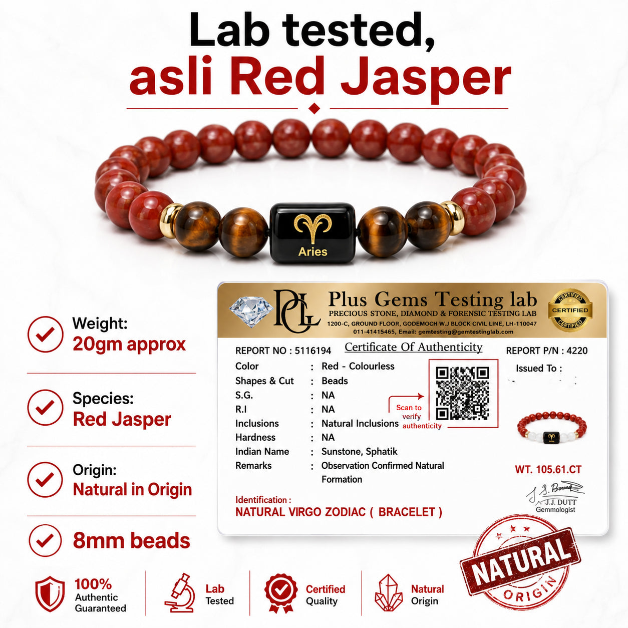 ARIES (मेष) – Red Jasper & Tiger Eye Bracelet