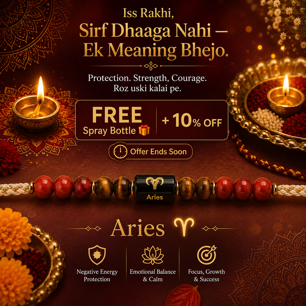 ARIES (मेष) – Zodiac Rakhi Red Jasper & Tiger Eye