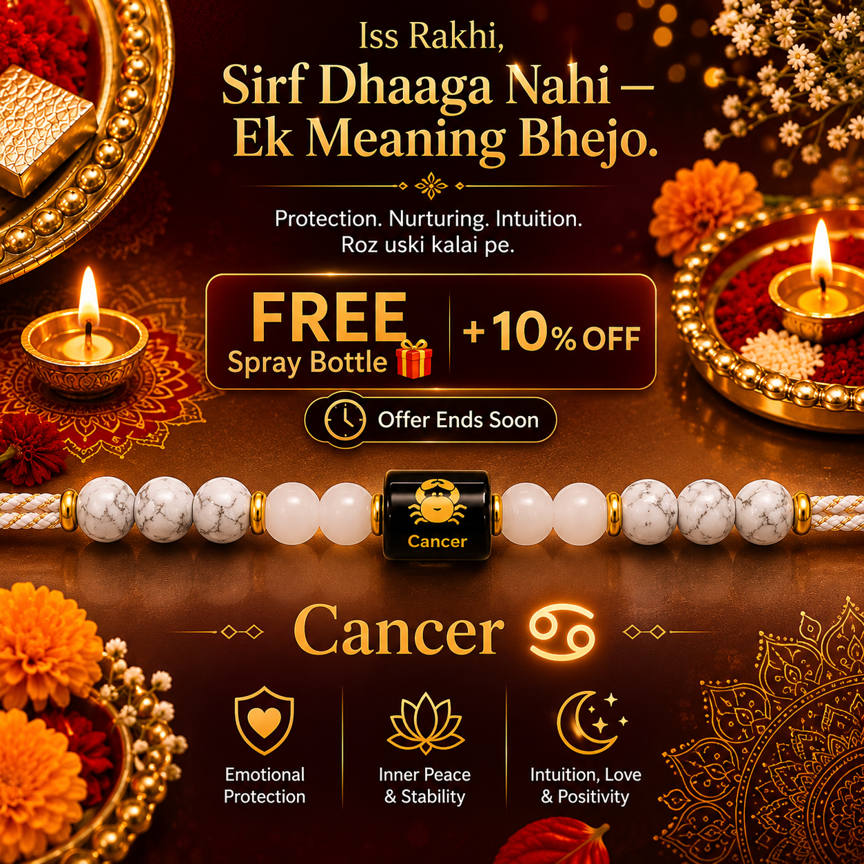 CANCER (कर्क) – Zodiac Rakhi Howlite & White Quartz