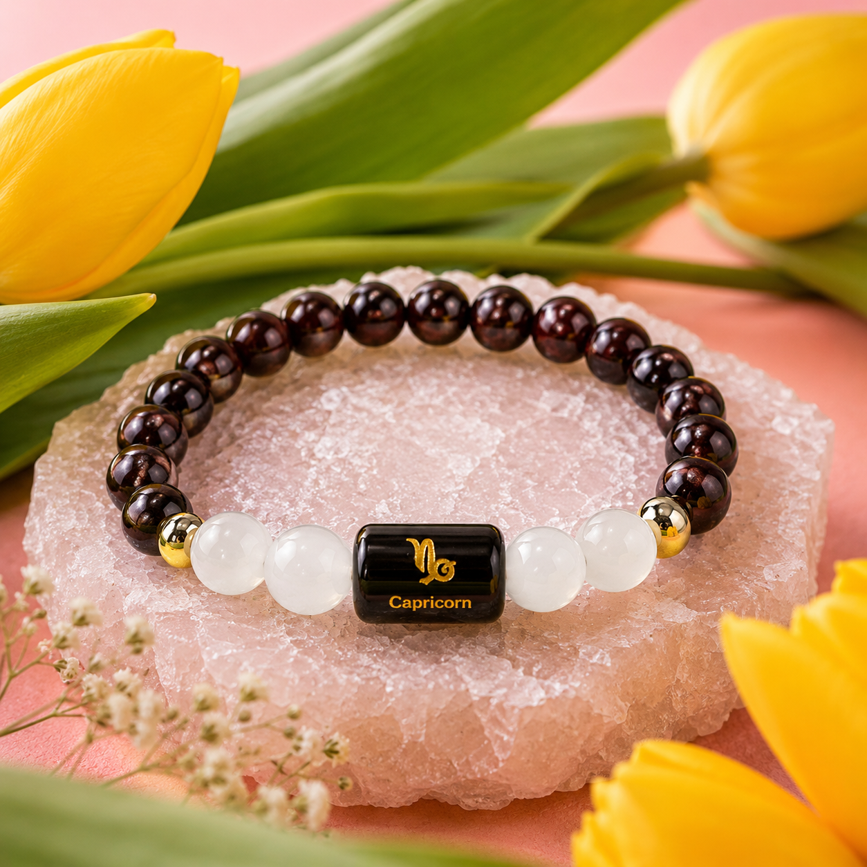 CAPRICORN (मकर) – Garnet & Milky Quartz Bracelet