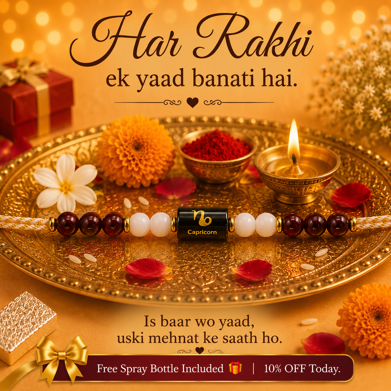 CAPRICORN (मकर) – Zodiac Rakhi Garnet & Milky Quartz