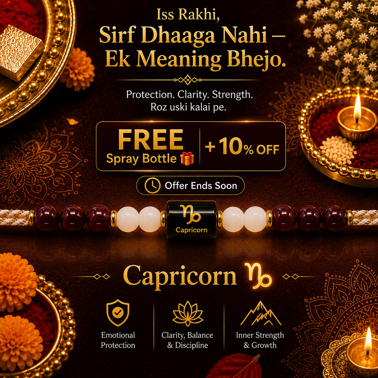 CAPRICORN (मकर) – Zodiac Rakhi Garnet & Milky Quartz