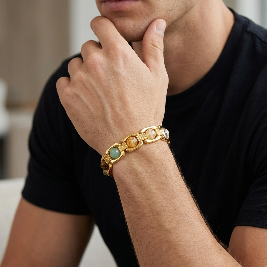 Gold Plated Dhan Yog Bracelet | Original Citrine, Pyrite, Tiger Eye & Aventurine Crystal