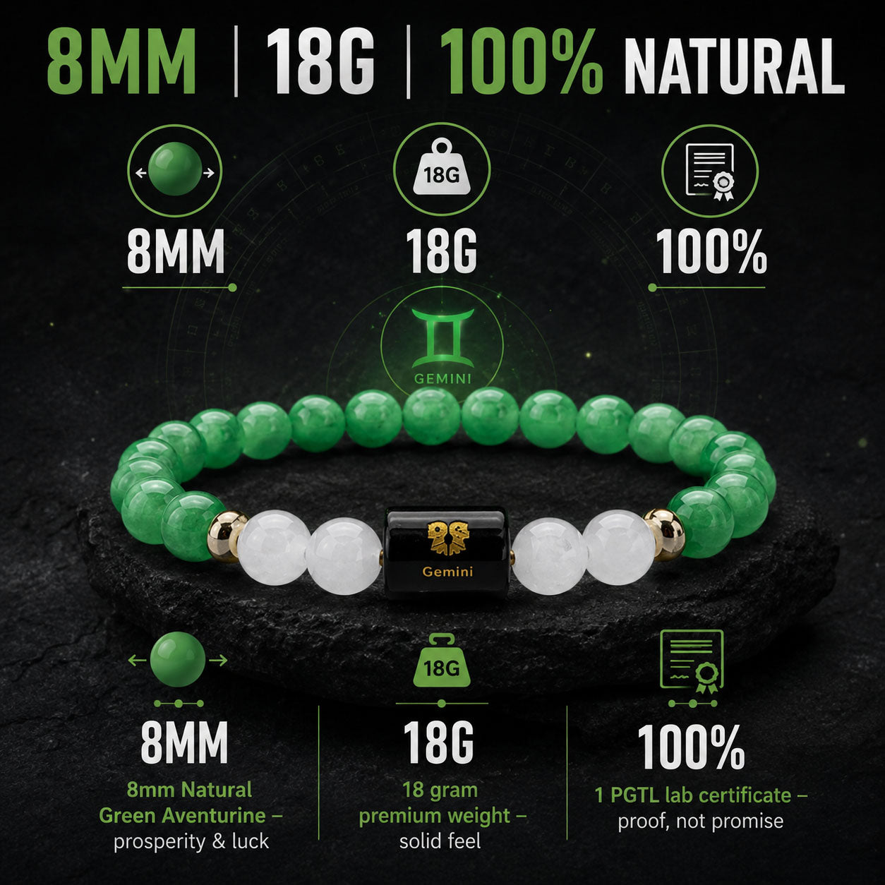 GEMINI (मिथुन) – Green Aventurine & Milky Quartz Bracelet