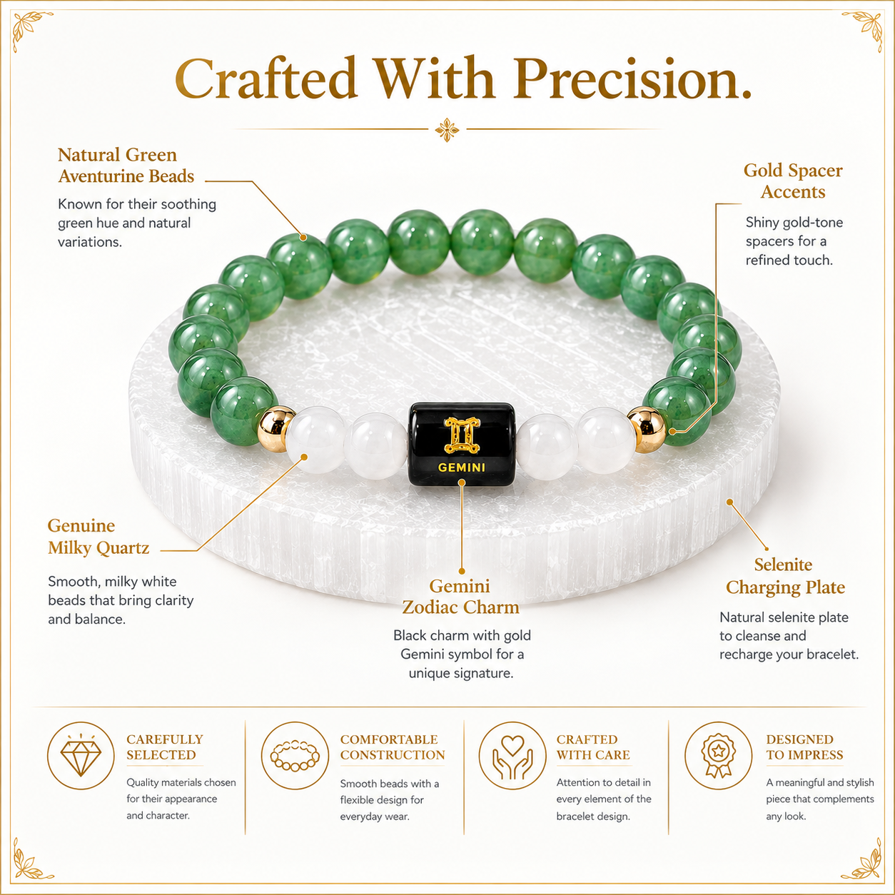 Gemini (मिथुन राशि) Green Aventurine & Milky Quartz Crystal Zodiac Bracelet – For Luck, Mental Calm & Joyful Clarity