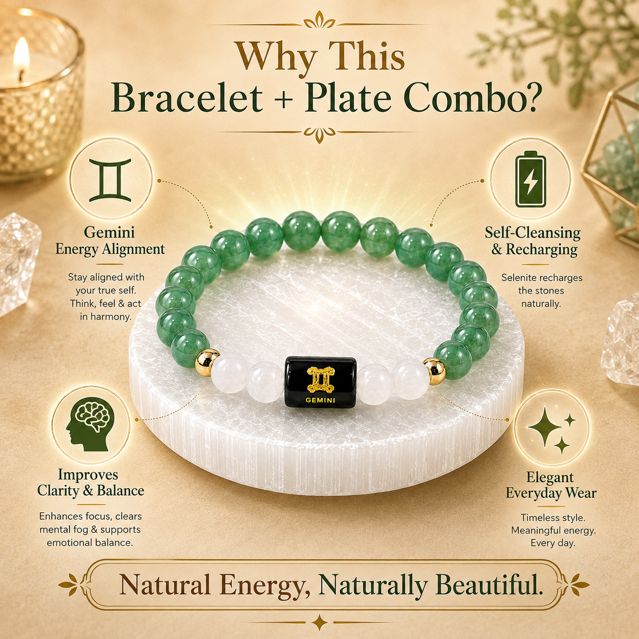 Gemini (मिथुन राशि) Green Aventurine & Milky Quartz Crystal Zodiac Bracelet – For Luck, Mental Calm & Joyful Clarity