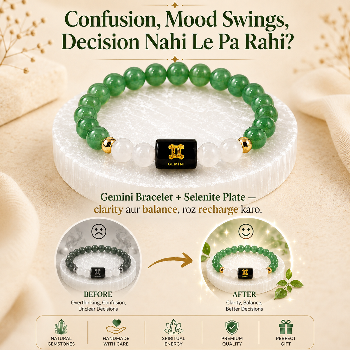 Gemini (मिथुन राशि) Green Aventurine & Milky Quartz Crystal Zodiac Bracelet – For Luck, Mental Calm & Joyful Clarity