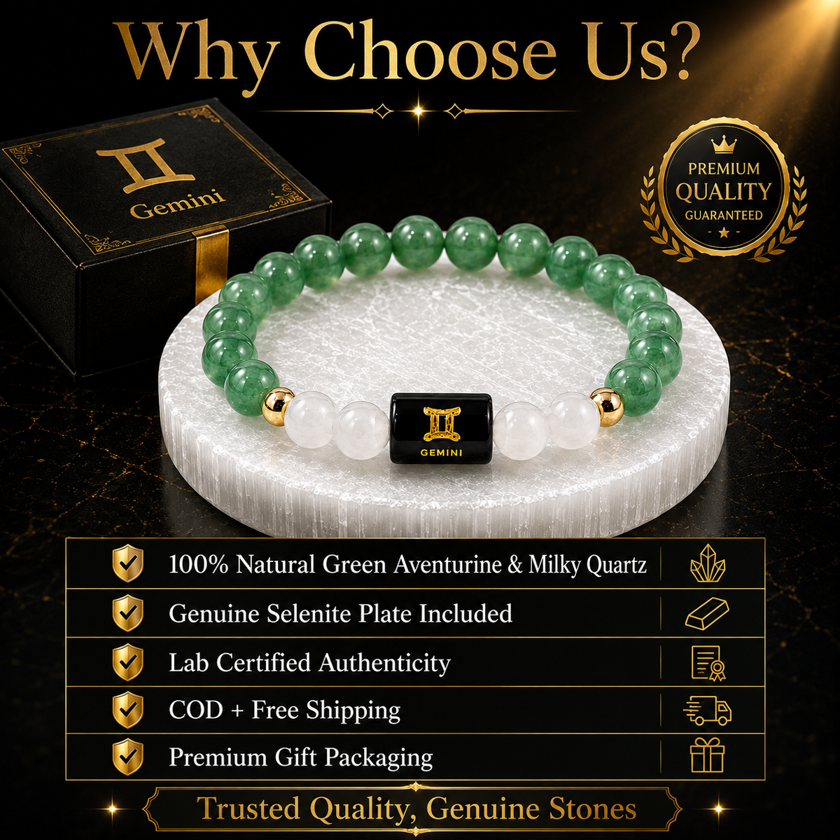 Gemini (मिथुन राशि) Green Aventurine & Milky Quartz Crystal Zodiac Bracelet – For Luck, Mental Calm & Joyful Clarity