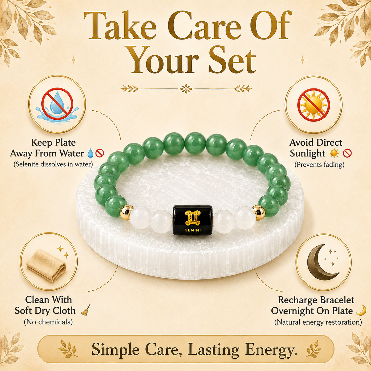 Gemini (मिथुन राशि) Green Aventurine & Milky Quartz Crystal Zodiac Bracelet – For Luck, Mental Calm & Joyful Clarity