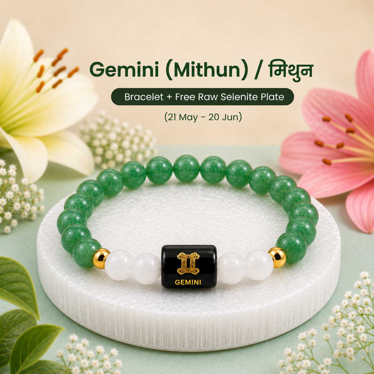Gemini (मिथुन राशि) Green Aventurine & Milky Quartz Crystal Zodiac Bracelet – For Luck, Mental Calm & Joyful Clarity