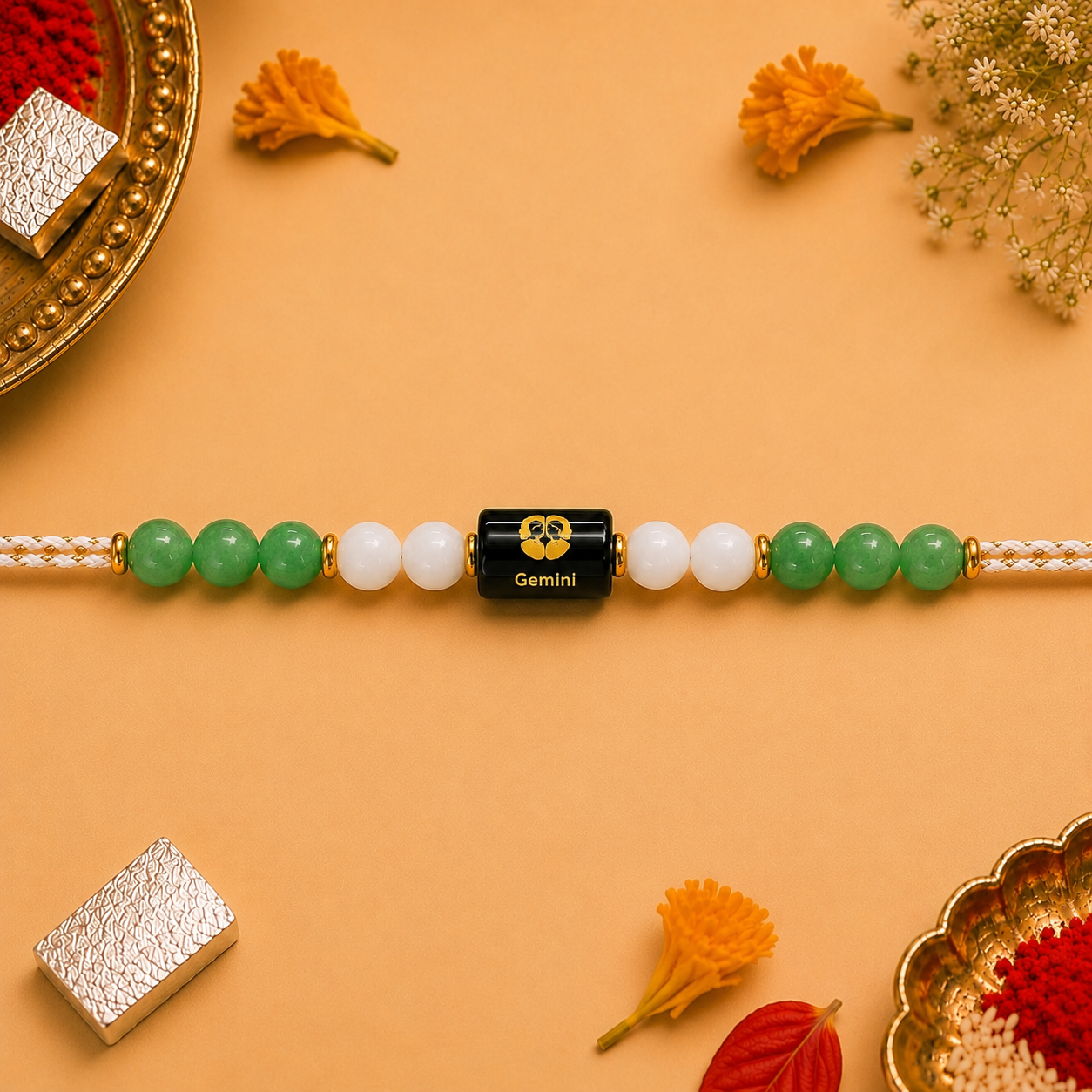 GEMINI (मिथुन) – Zodiac Rakhi Green Aventurine & Milky Quartz