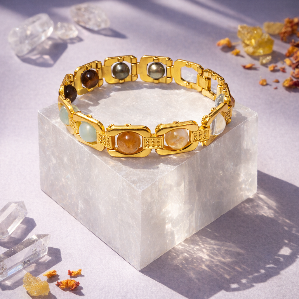 Gold Plated Dhan Yog Bracelet | Original Citrine, Pyrite, Tiger Eye & Aventurine Crystal