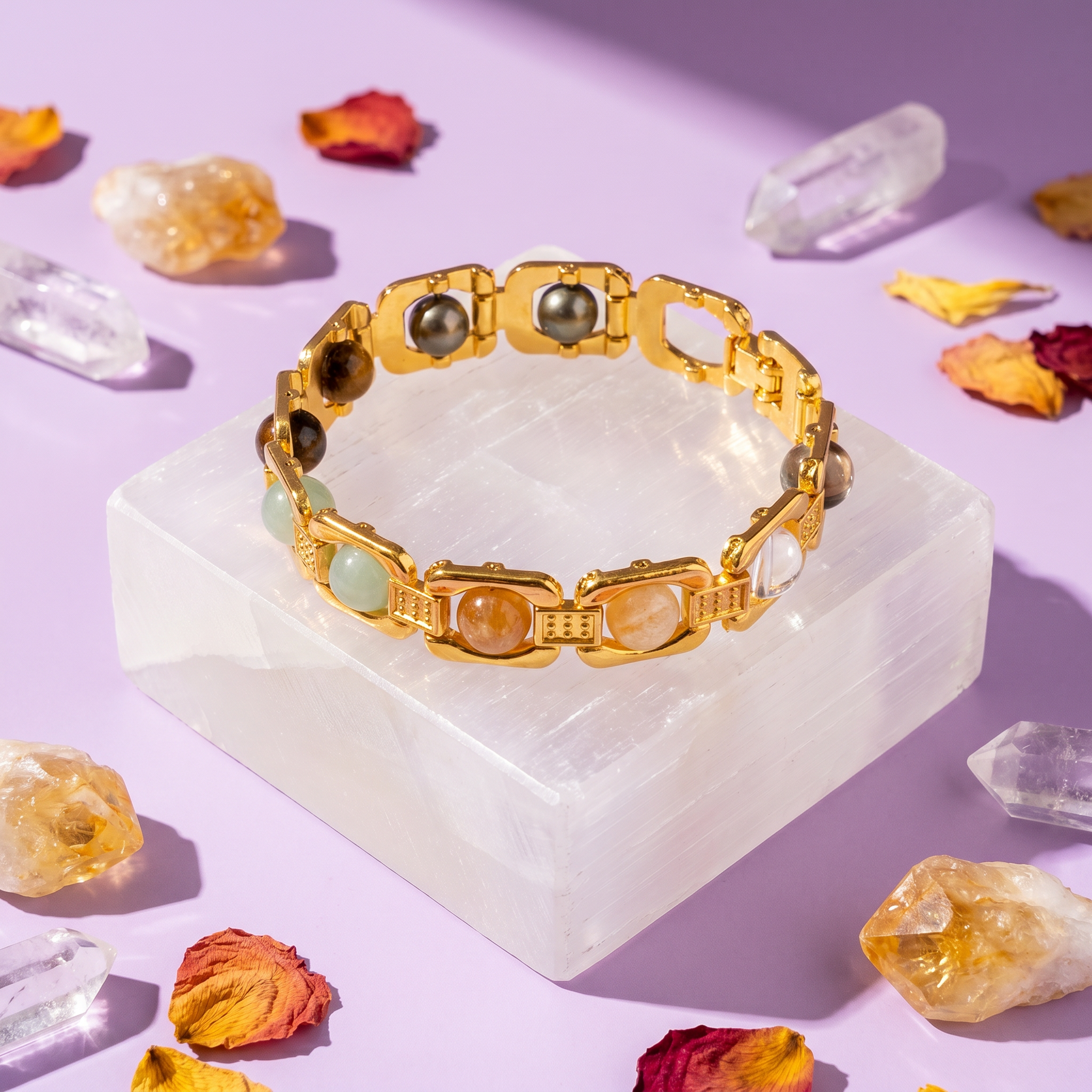 Gold Plated Dhan Yog Bracelet | Original Citrine, Pyrite, Tiger Eye & Aventurine Crystal