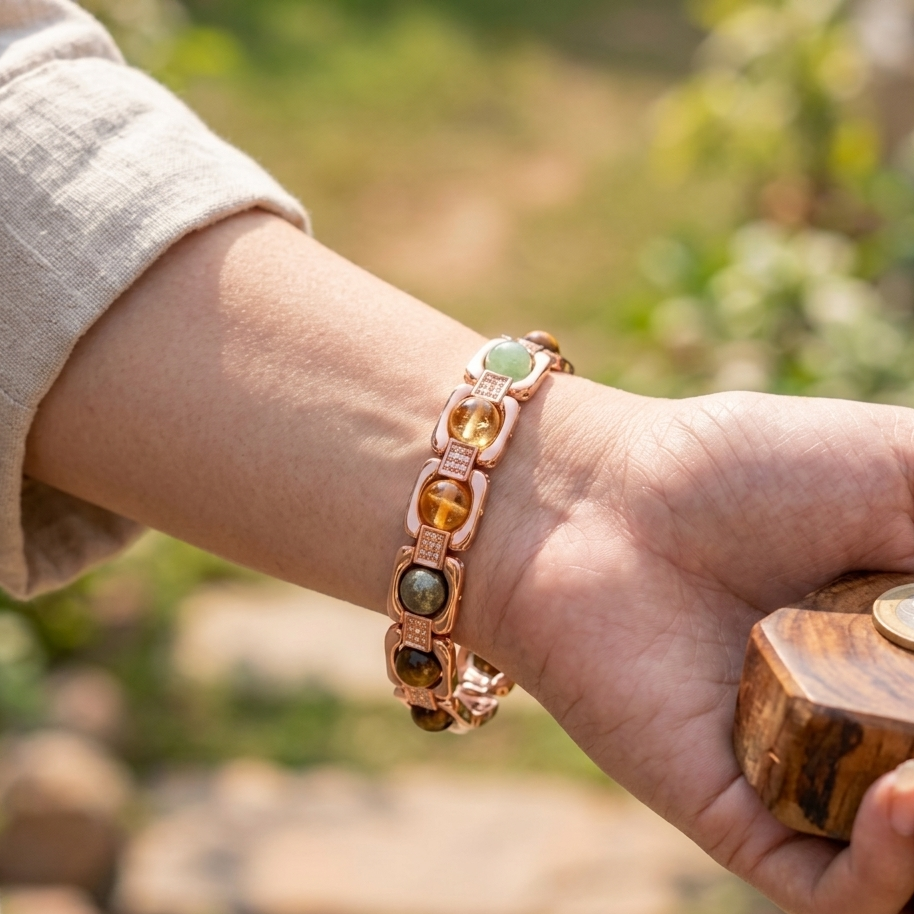 Rose Gold Plated Dhan Yog Bracelet | Original Citrine, Pyrite, Tiger Eye & Aventurine Crystal