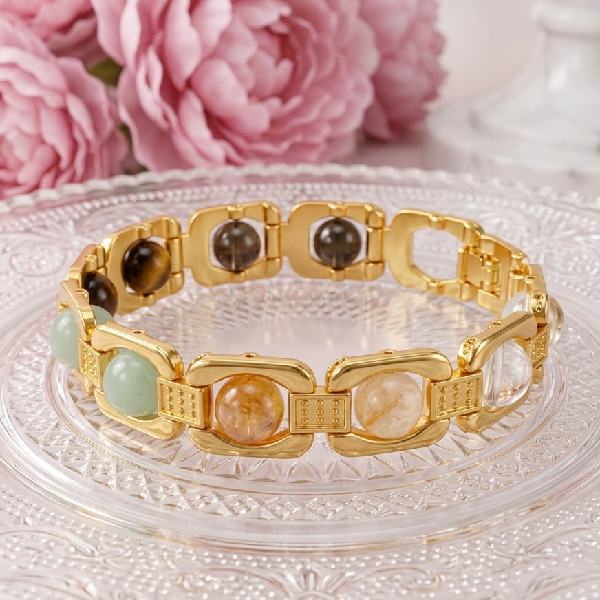 Gold Plated Dhan Yog Bracelet | Original Citrine, Pyrite, Tiger Eye & Aventurine Crystal