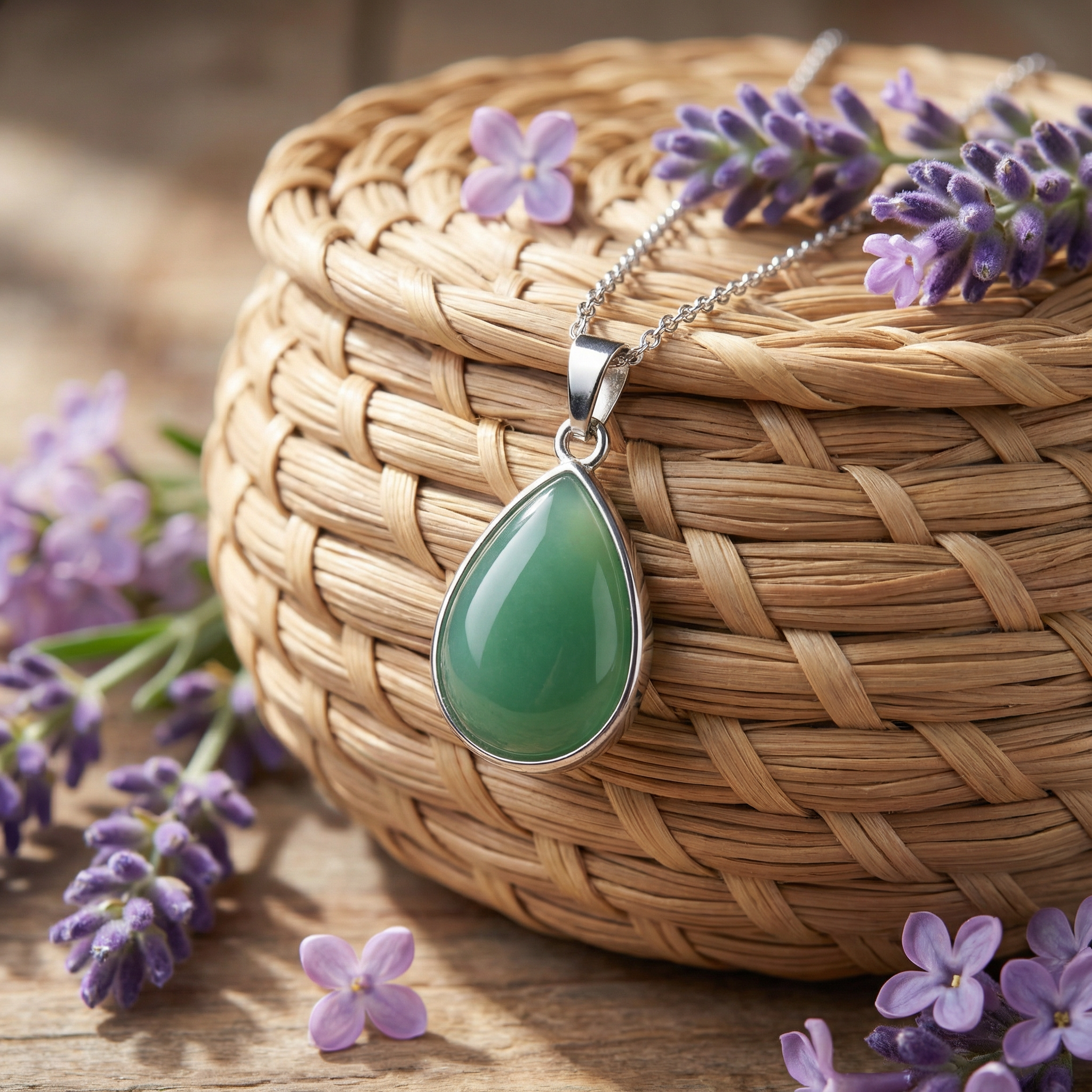 Green Jade Teardrop Pendant with Silver Chain