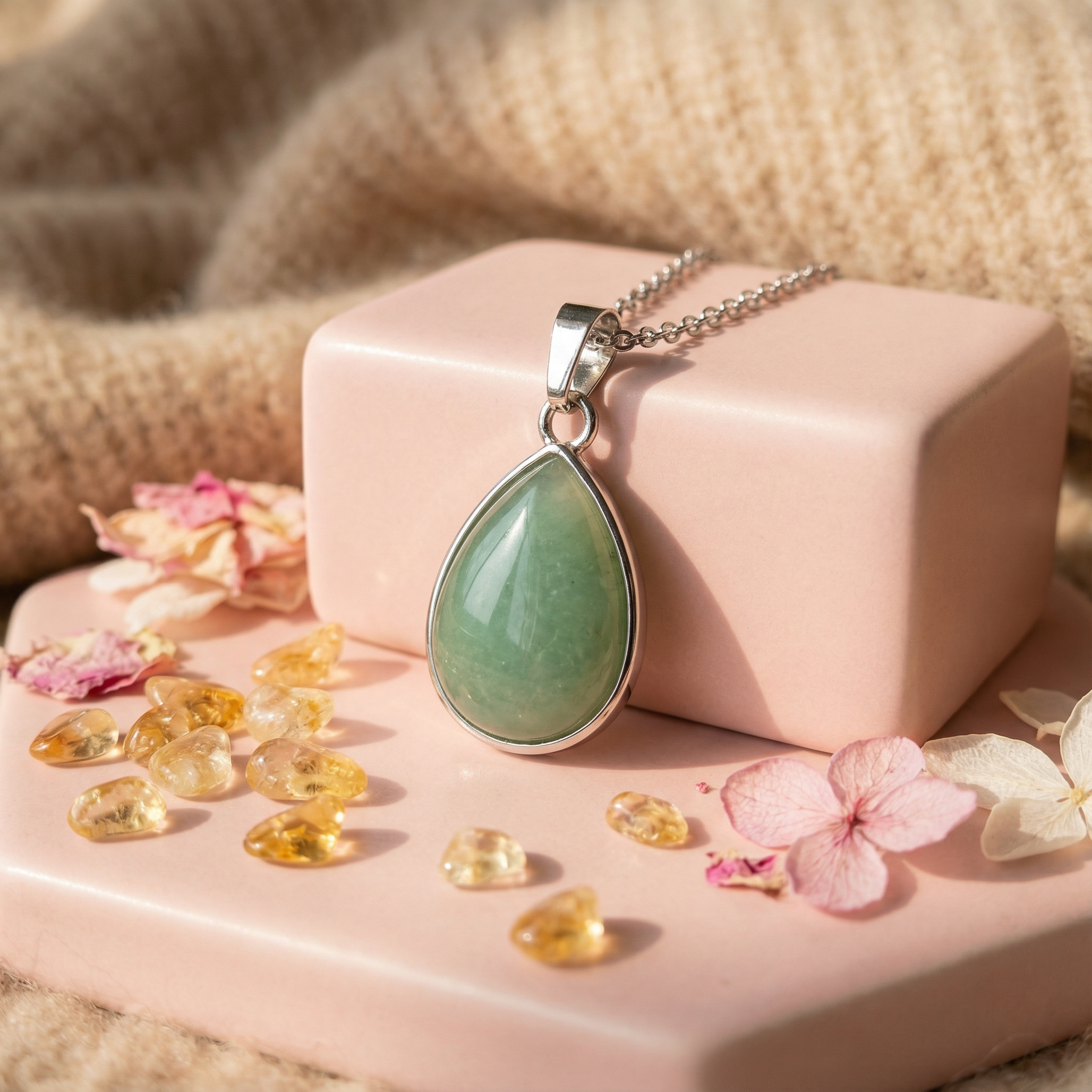 Green Jade Teardrop Pendant with Silver Chain