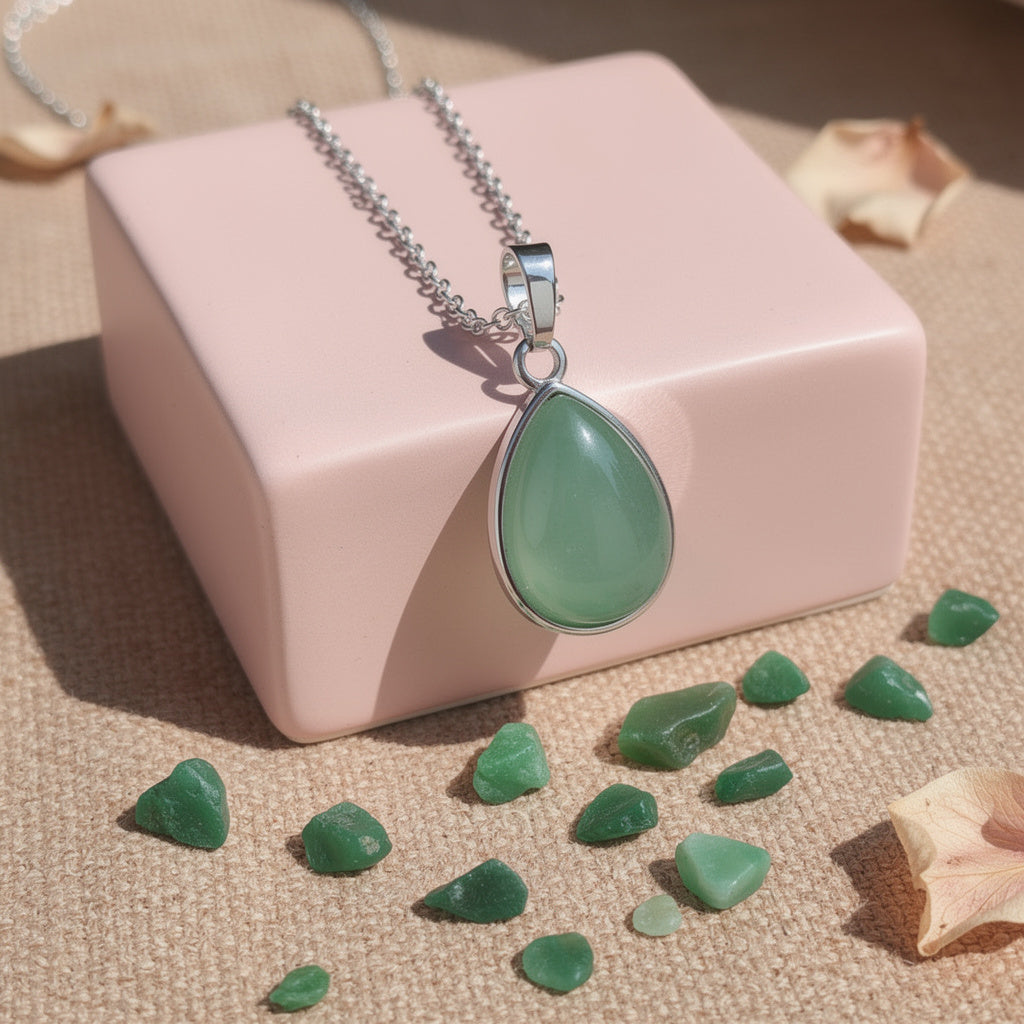 Green Jade Teardrop Pendant with Silver Chain
