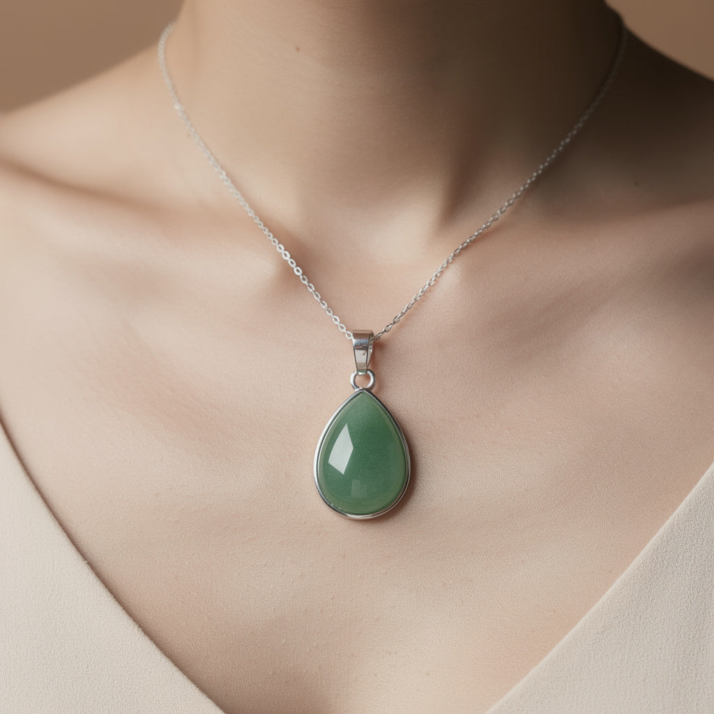 Green Jade Teardrop Pendant with Silver Chain