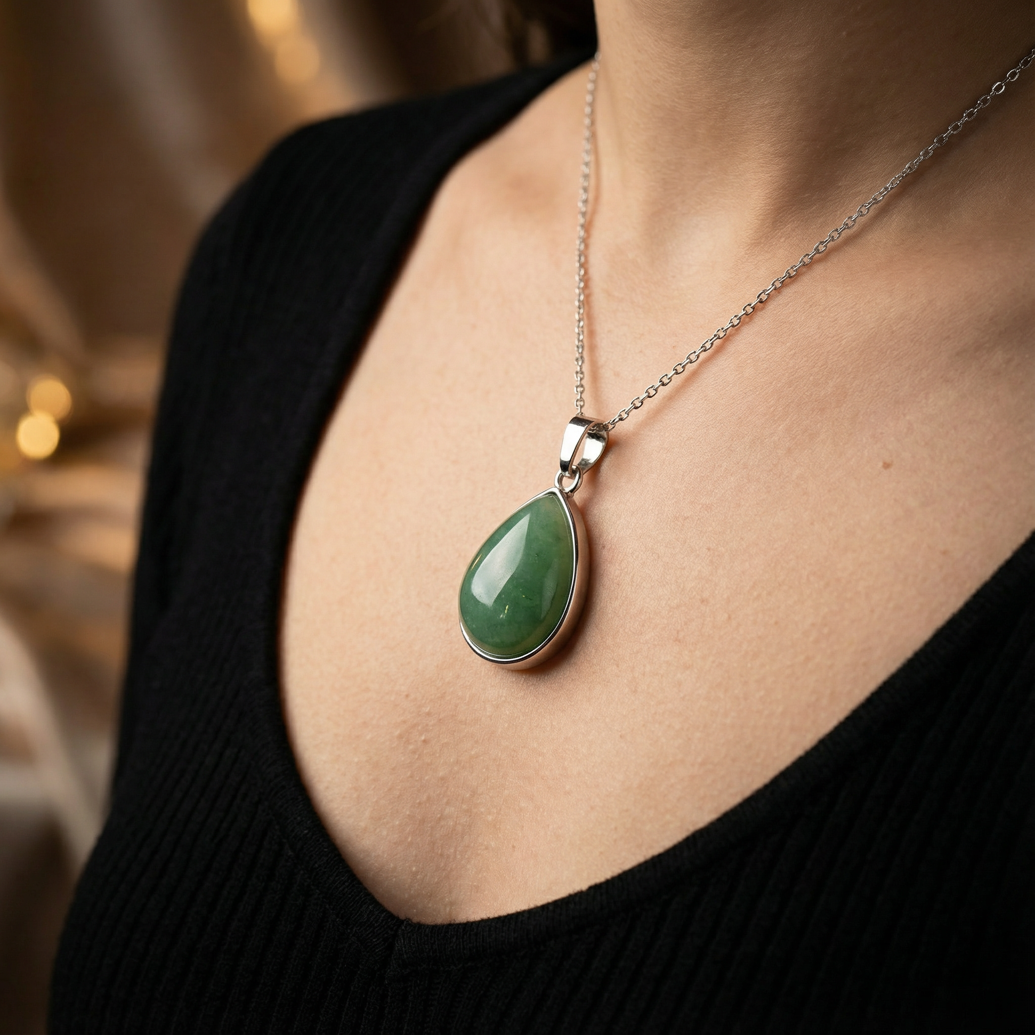 Green Jade Teardrop Pendant with Silver Chain
