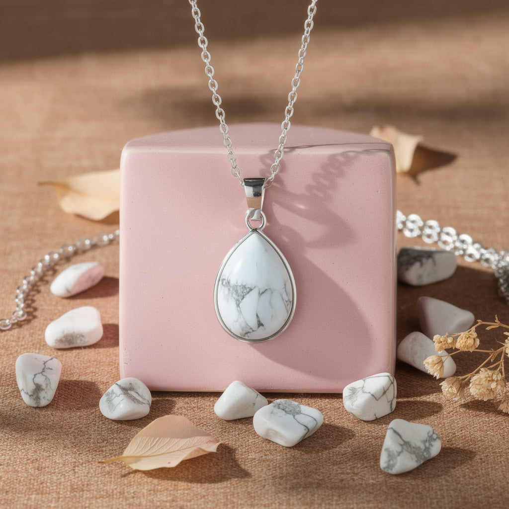 Howlite Teardrop Pendant with Silver Chain