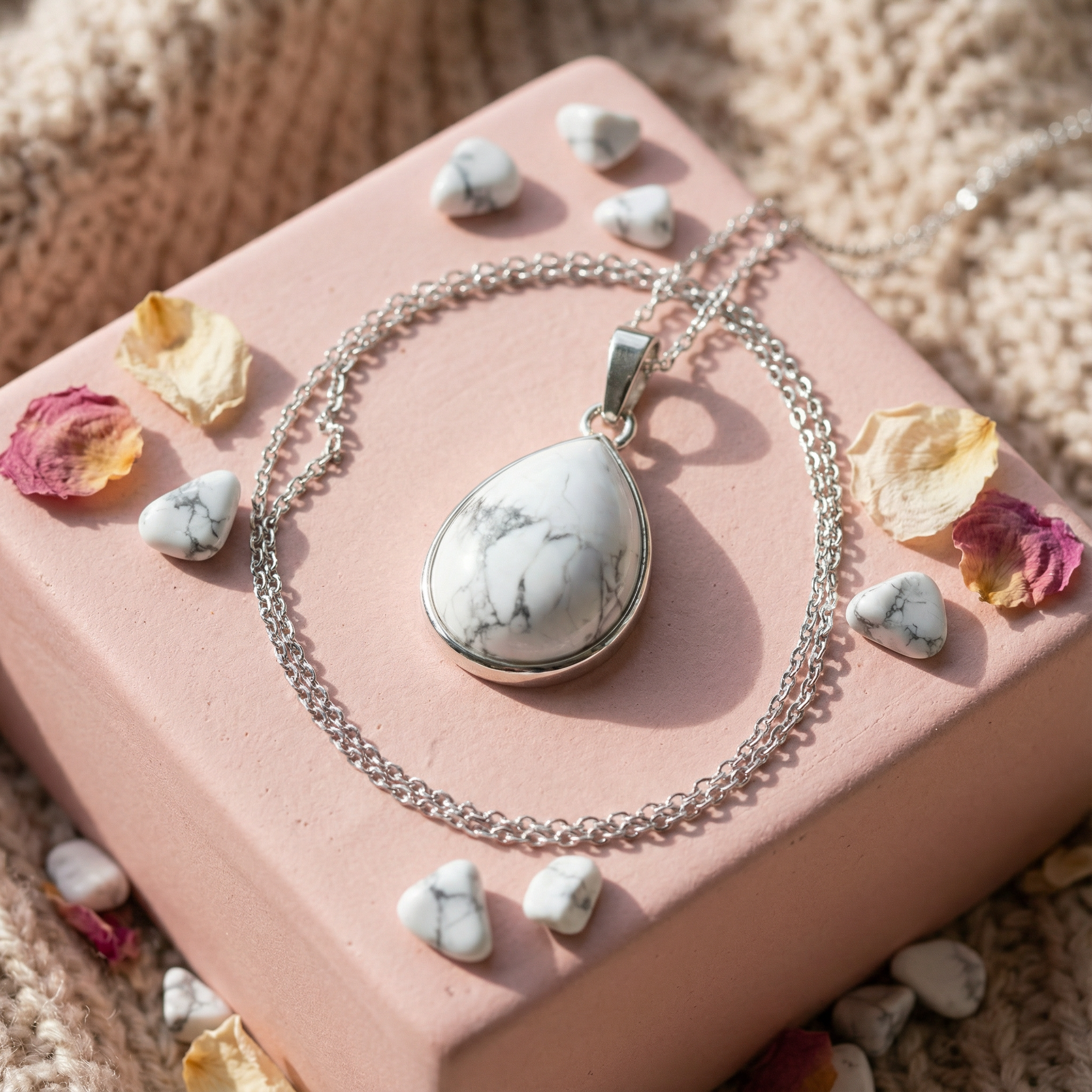 Howlite Teardrop Pendant with Silver Chain