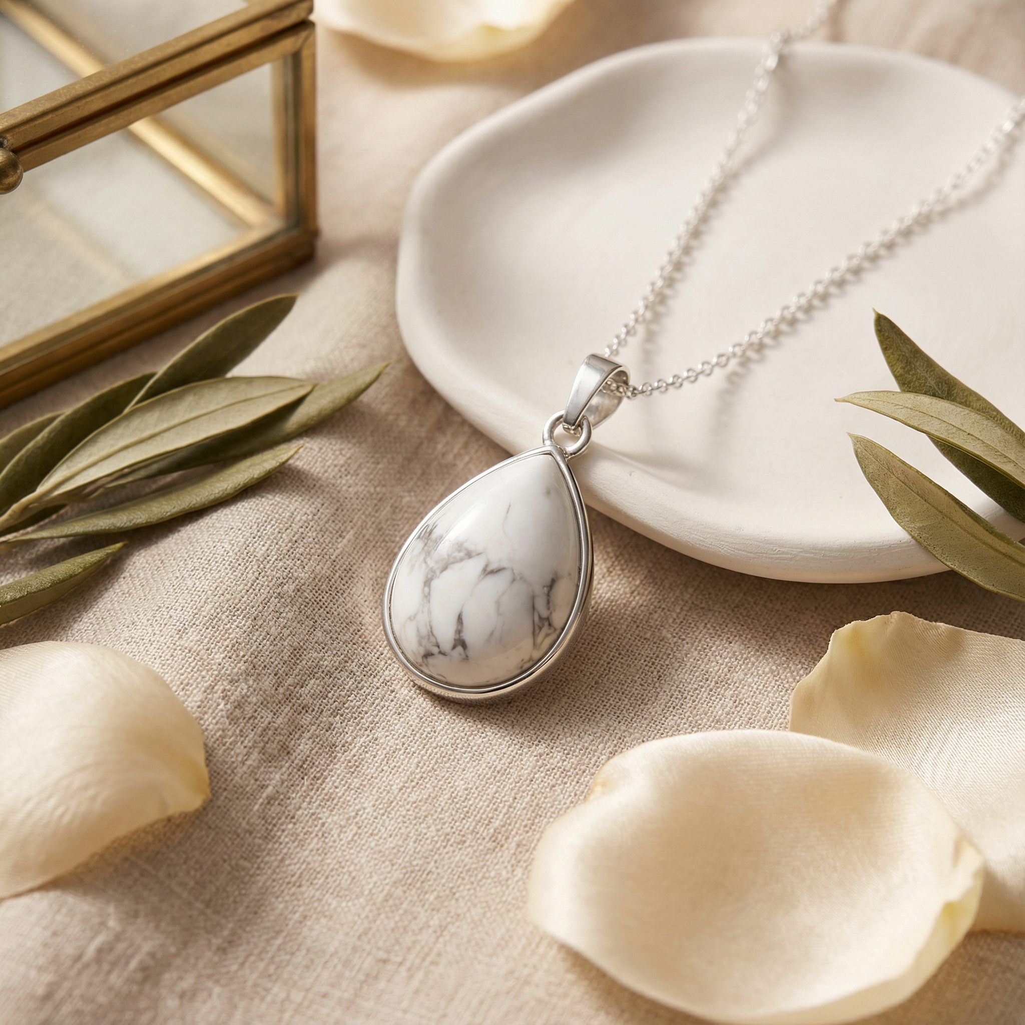 Howlite Teardrop Pendant with Silver Chain