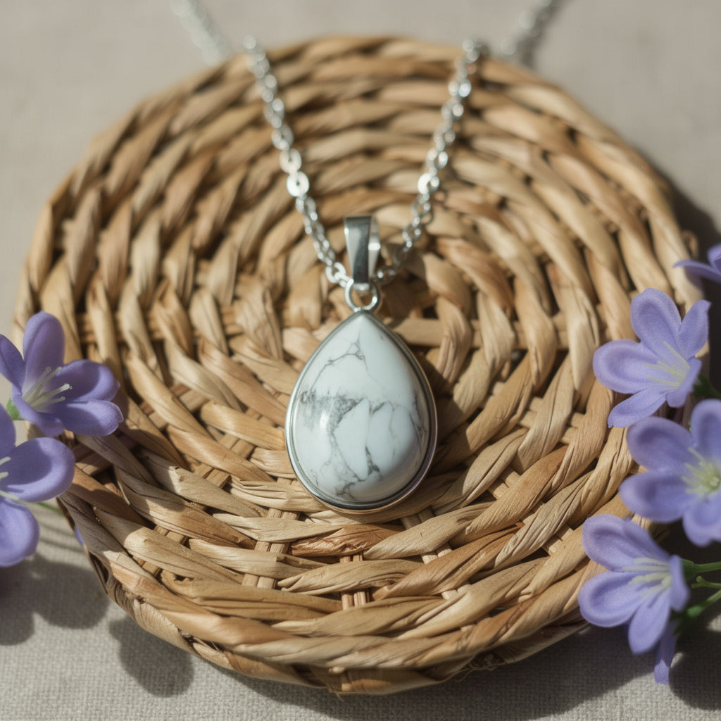 Howlite Teardrop Pendant with Silver Chain
