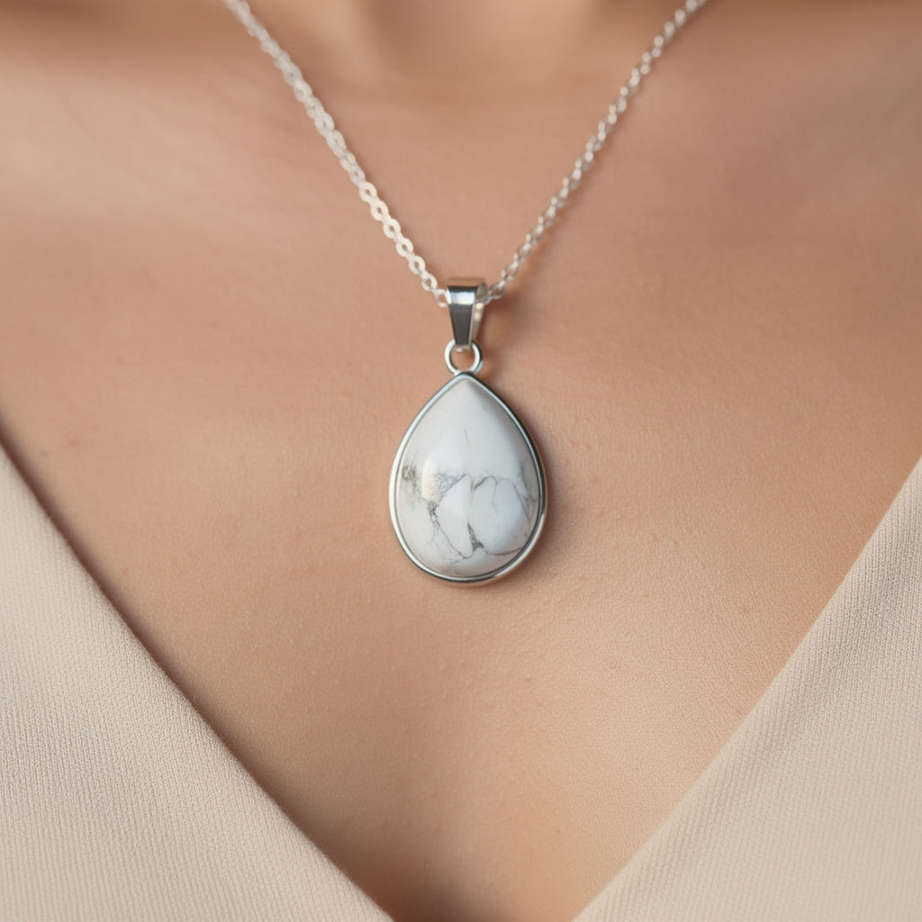 Howlite Teardrop Pendant with Silver Chain