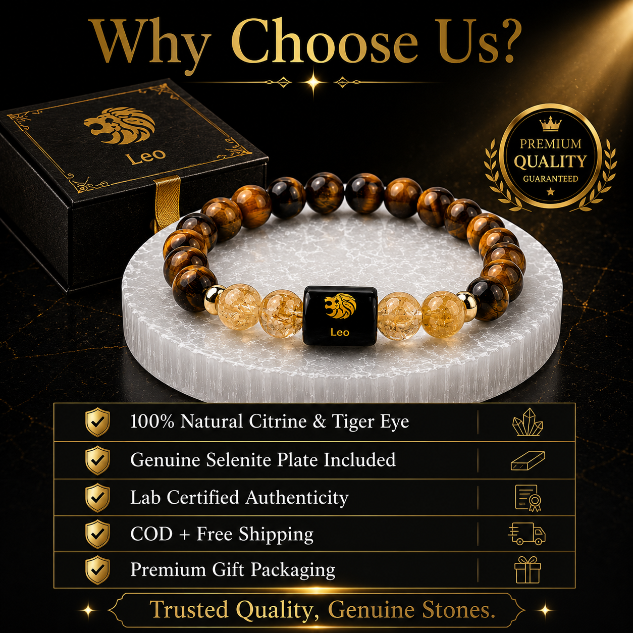 Leo (सिंह राशि) Tiger Eye & Citrine Crystal Zodiac Bracelet – For Radiant Confidence, Leadership & Abundance