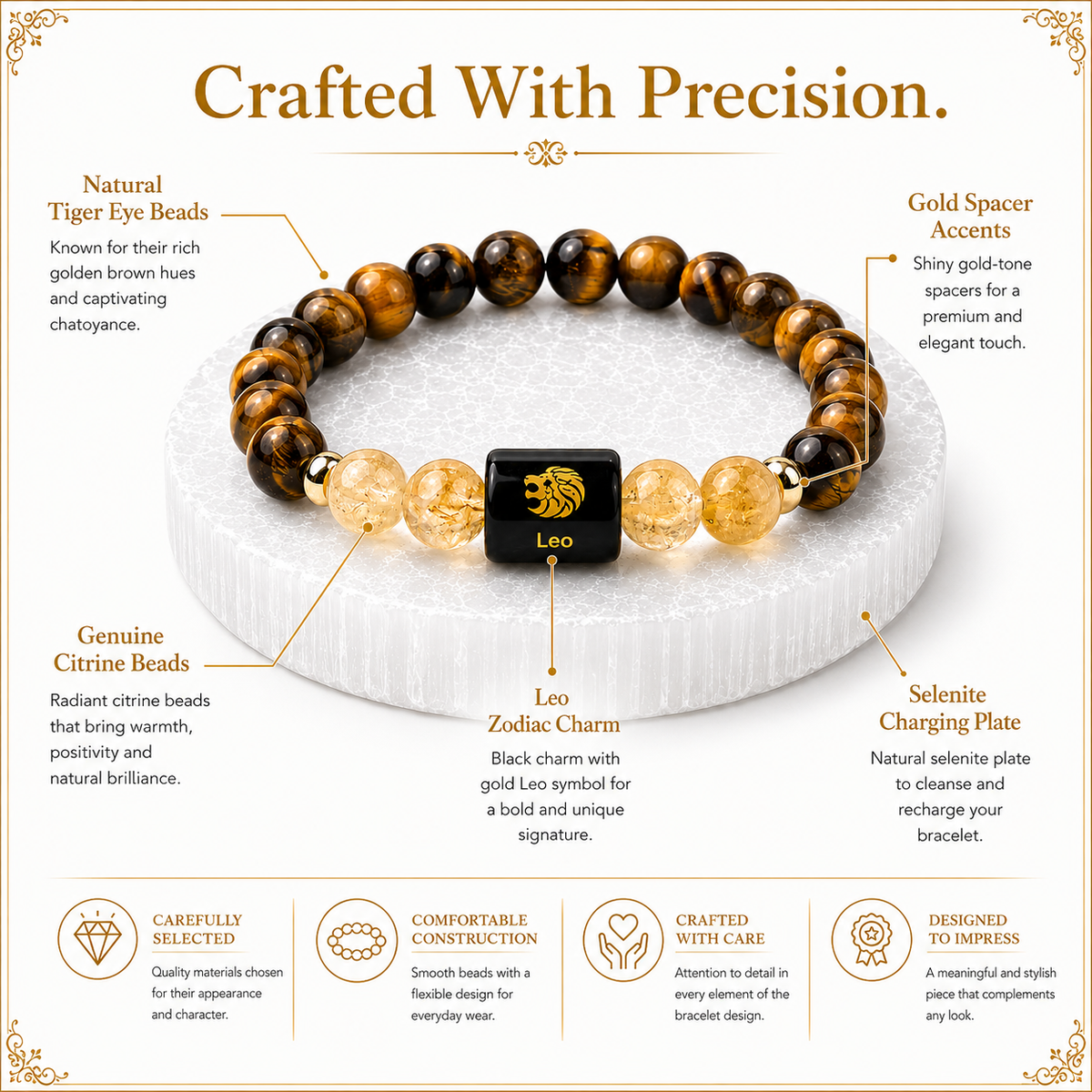 Leo (सिंह राशि) Tiger Eye & Citrine Crystal Zodiac Bracelet – For Radiant Confidence, Leadership & Abundance