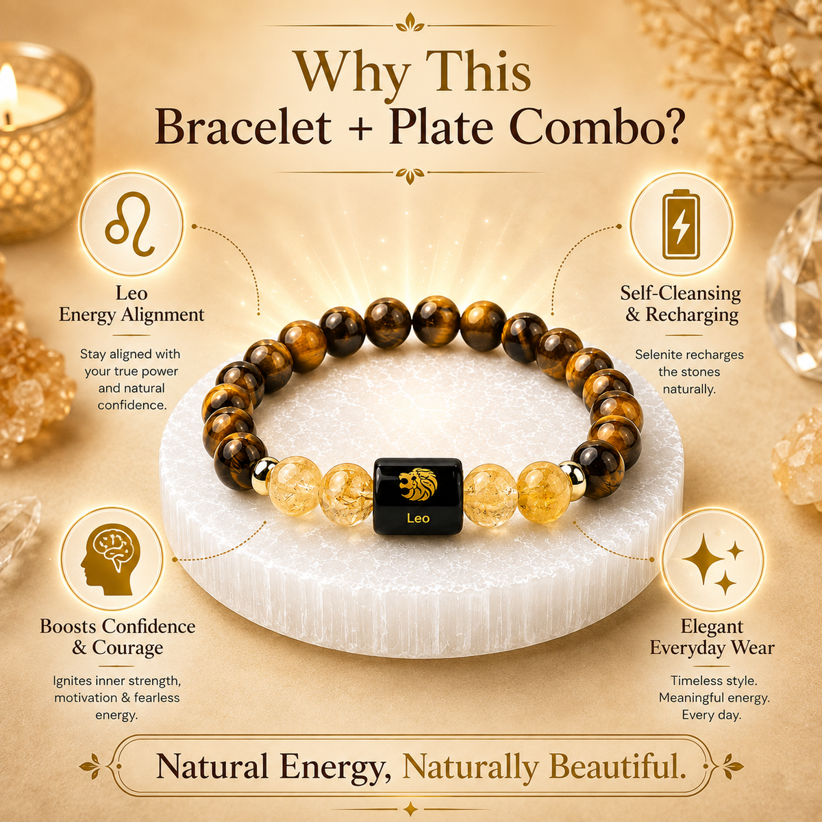 Leo (सिंह राशि) Tiger Eye & Citrine Crystal Zodiac Bracelet – For Radiant Confidence, Leadership & Abundance