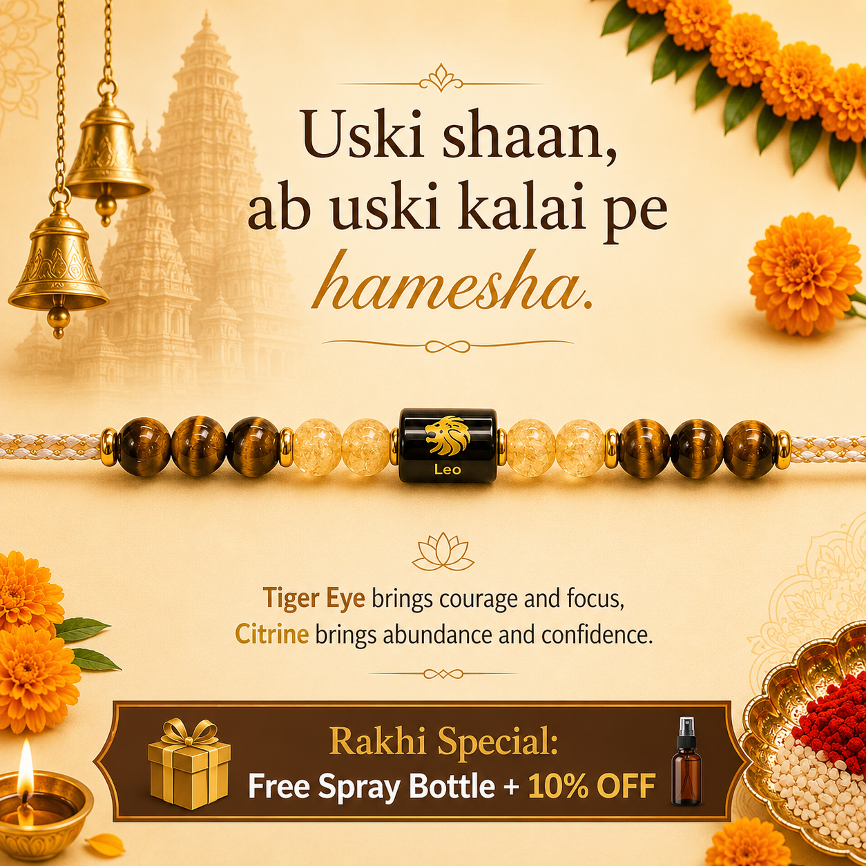 LEO (सिंह) – Zodiac Rakhi Tiger Eye & Citrine