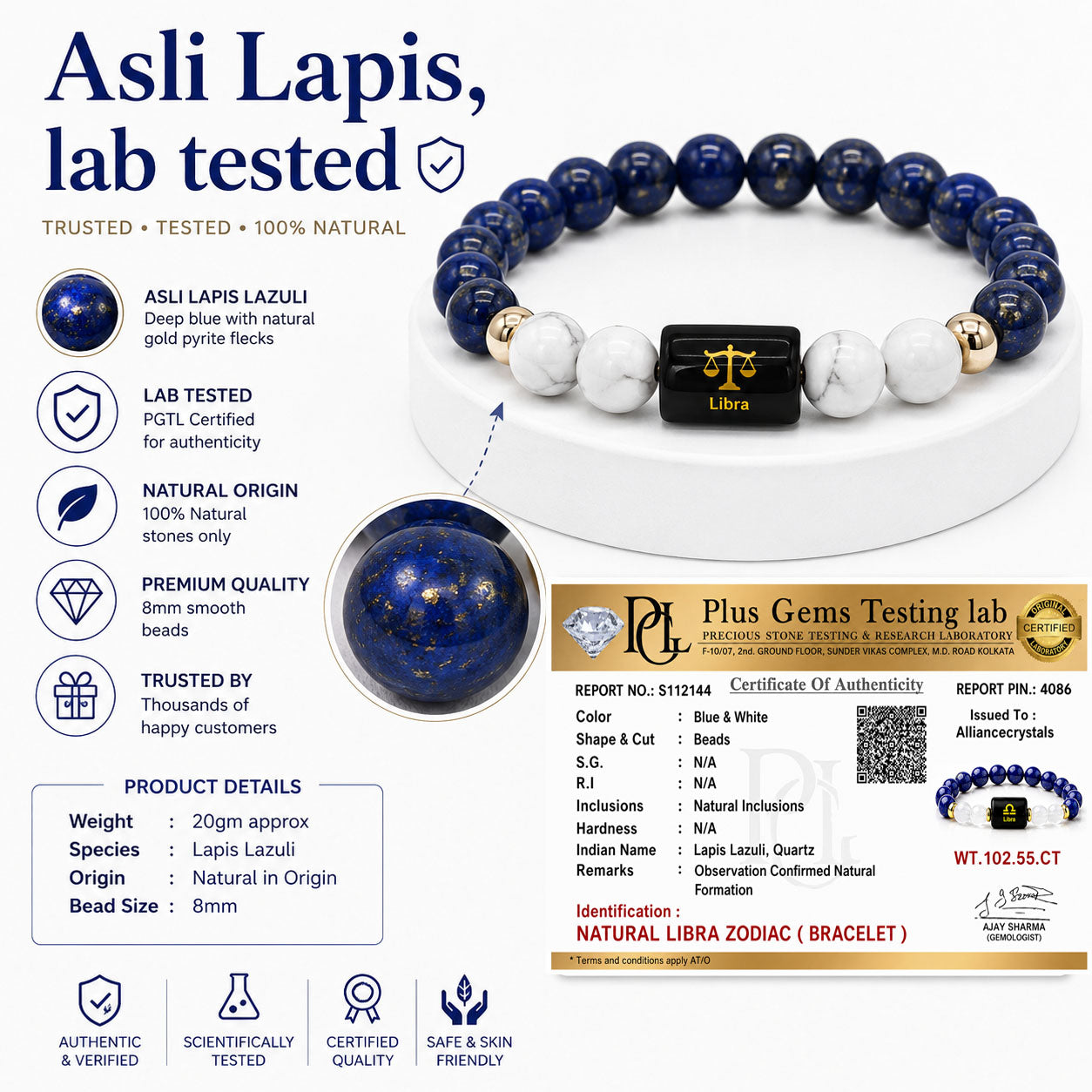 LIBRA (तुला) – Lapis Lazuli & Howlite Bracelet