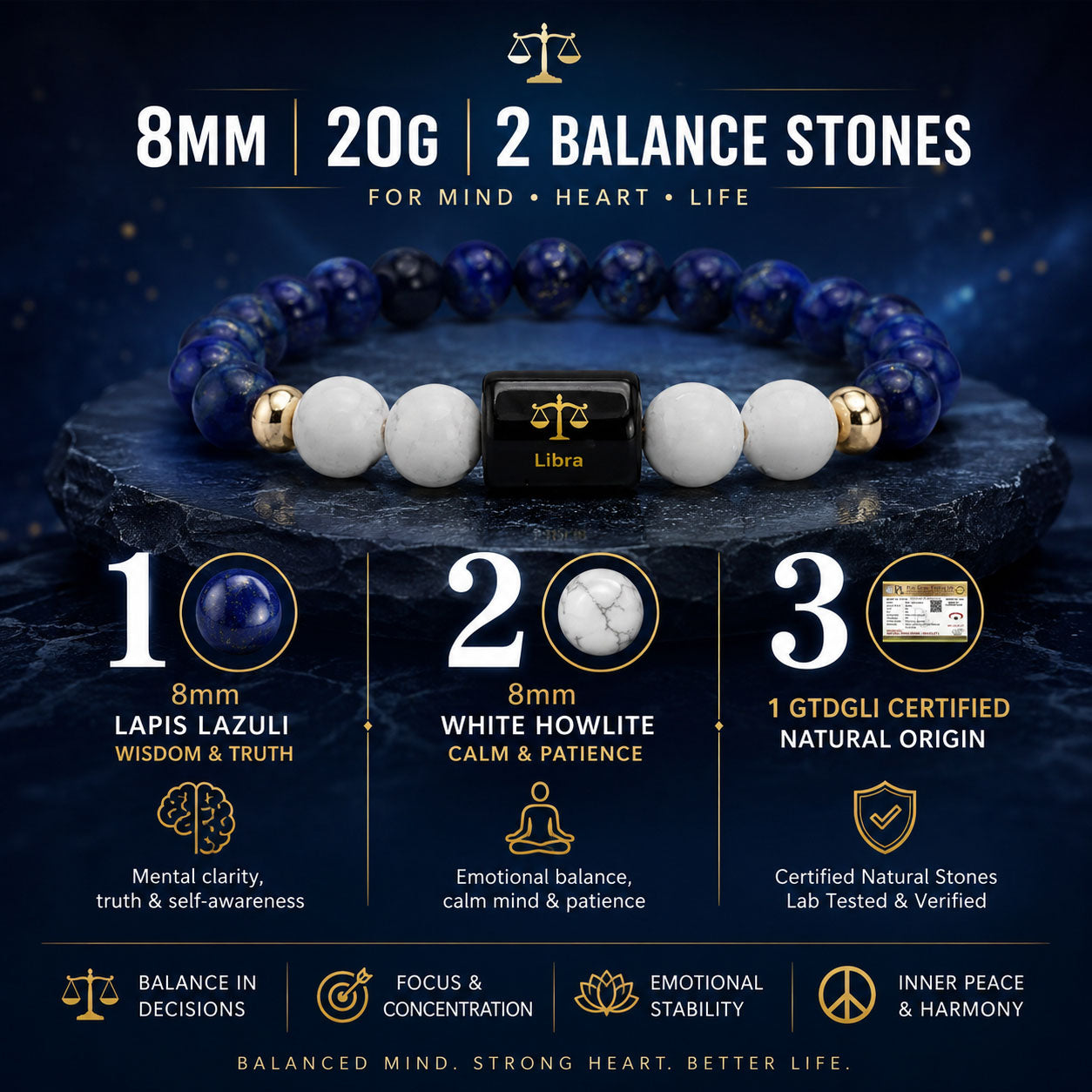 LIBRA (तुला) – Lapis Lazuli & Howlite Bracelet