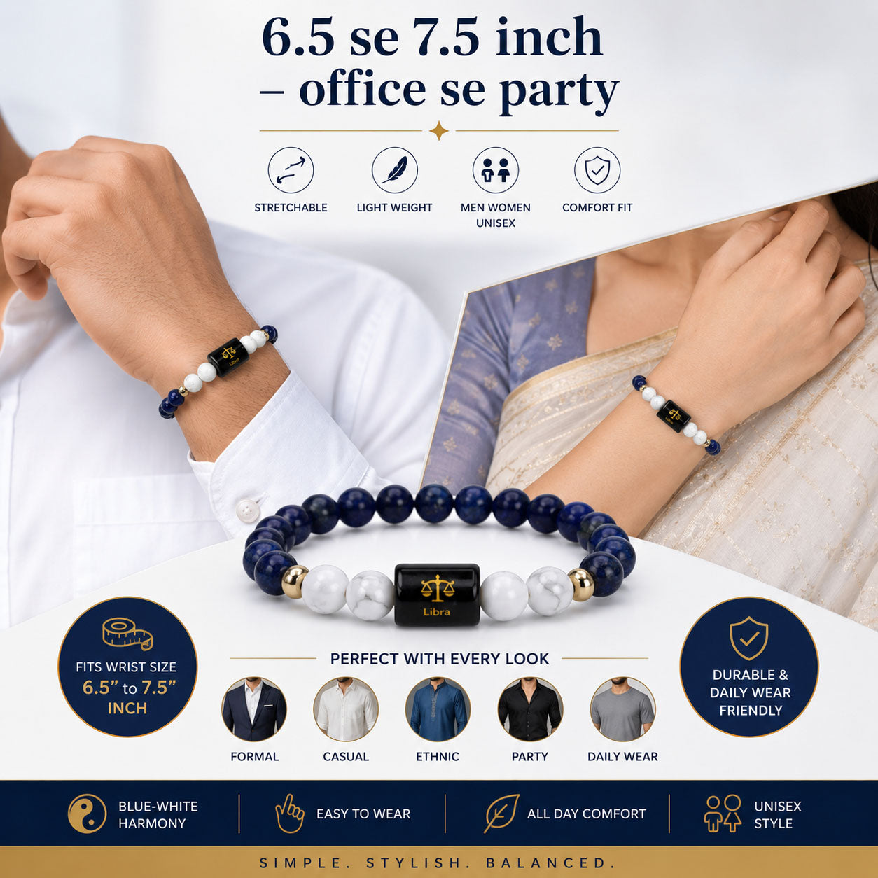 LIBRA (तुला) – Lapis Lazuli & Howlite Bracelet