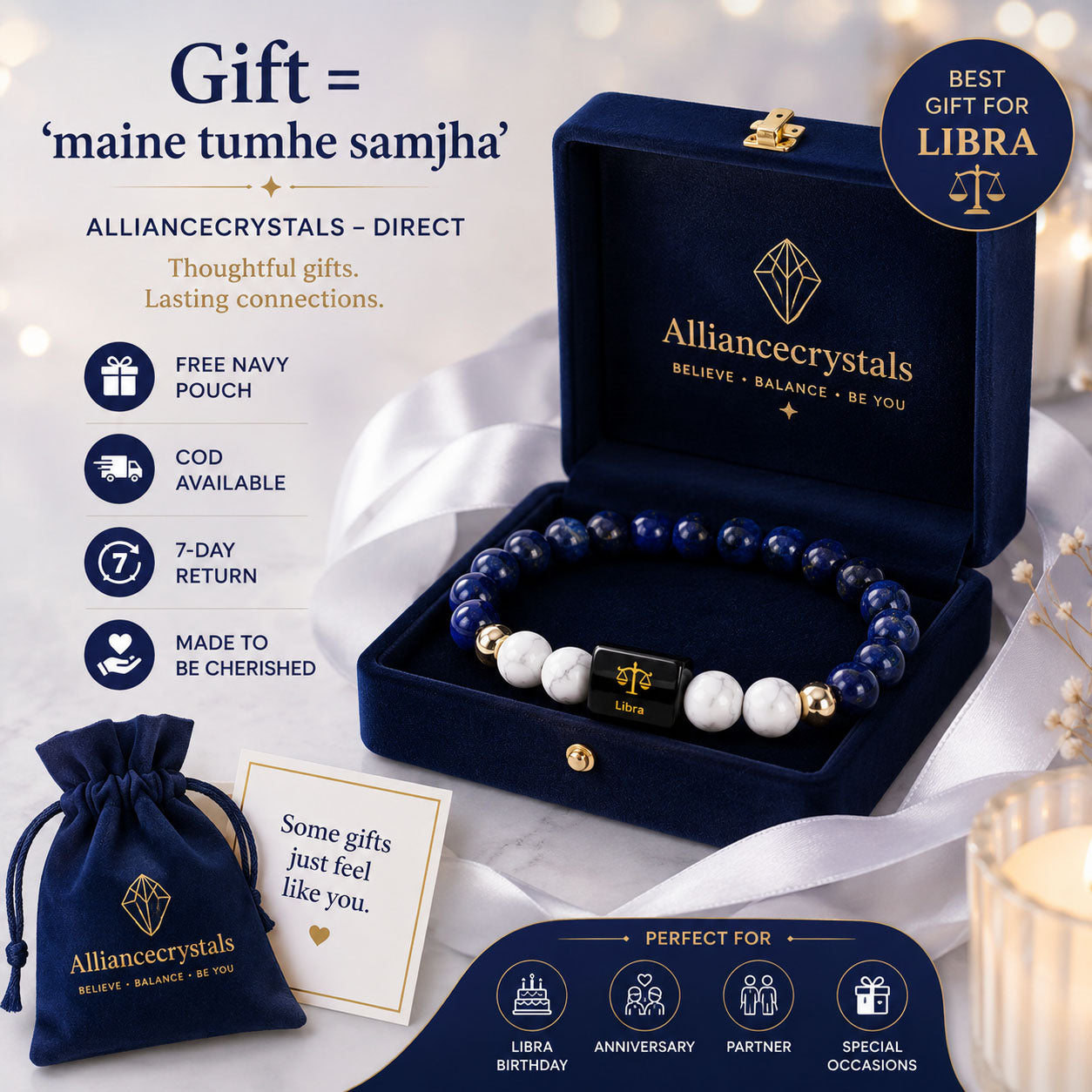 LIBRA (तुला) – Lapis Lazuli & Howlite Bracelet