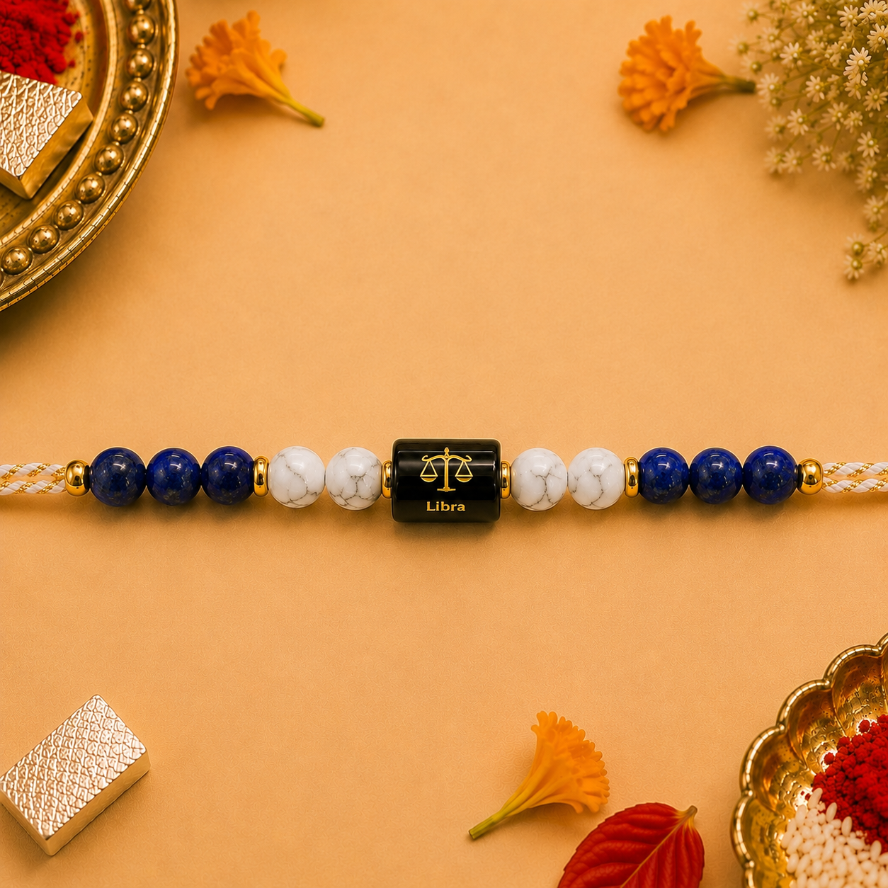 LIBRA (तुला) – Zodiac Rakhi Lapis Lazuli & Howlite